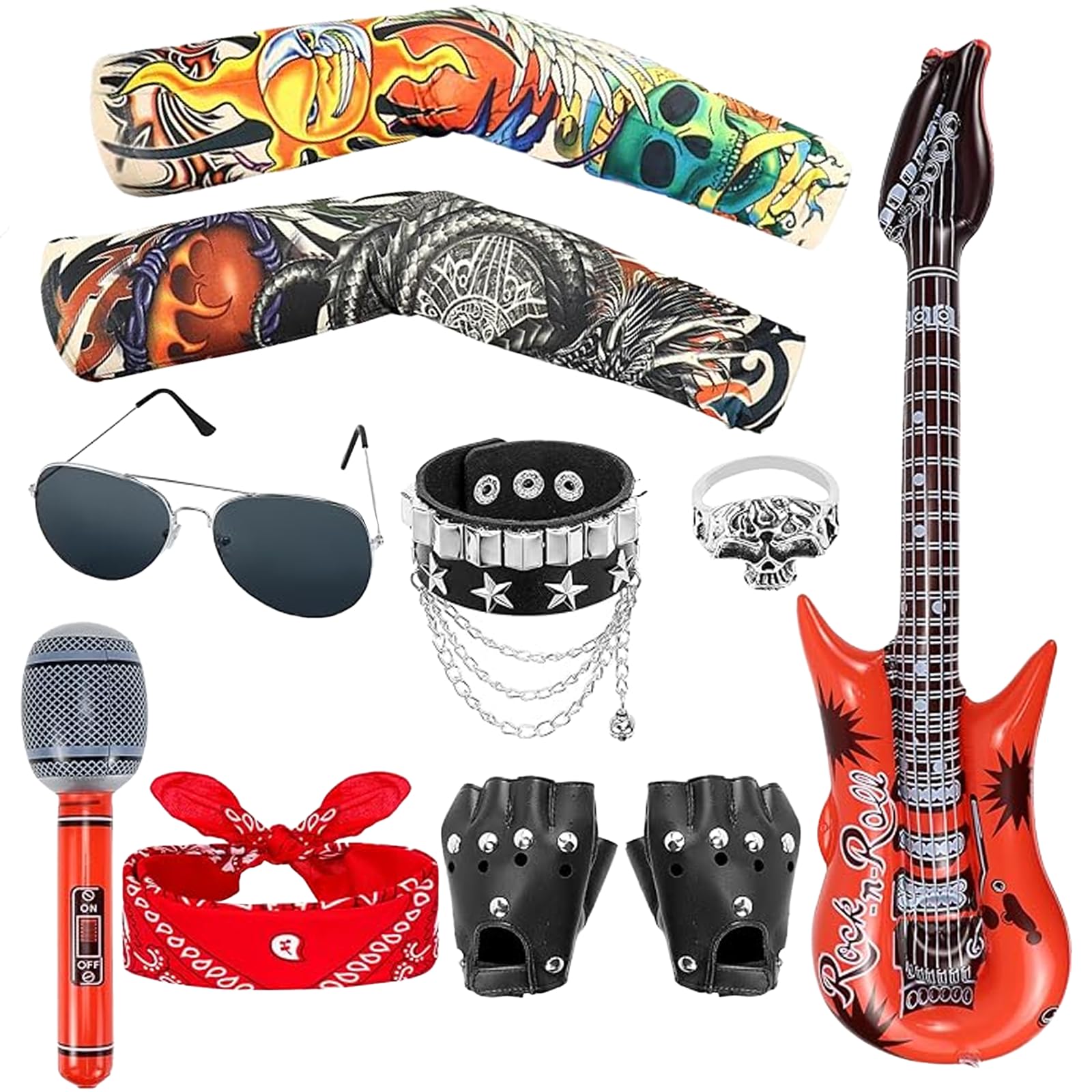 Benaewa 10 Pcs Rockstar Fancy Dress Kids, Heavy Metal Rock Star Costume Set for Women Men Halloween 80s Disco Party
