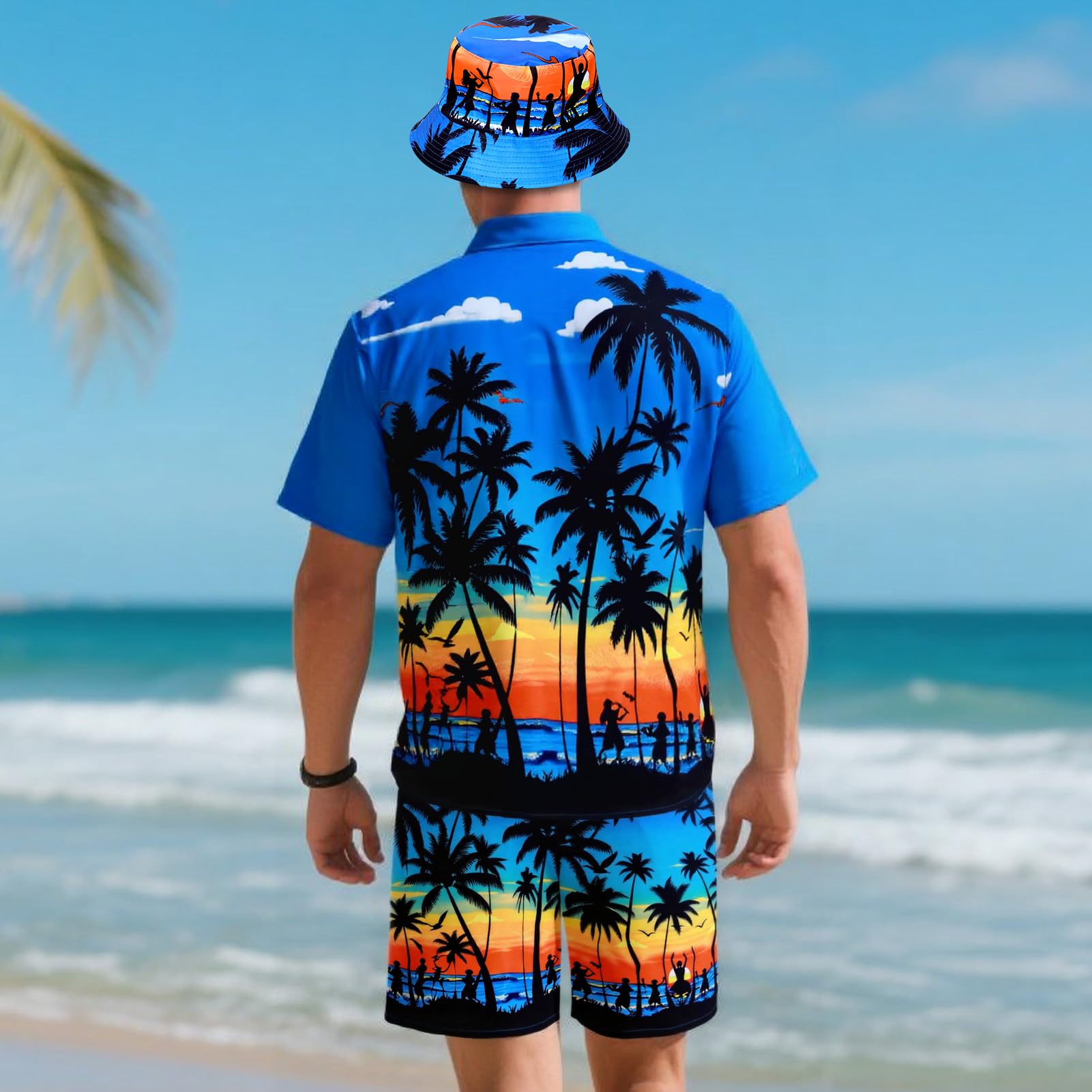 Camicia Hawaiana Set, Camicie Hawaiane Uomo con Pantaloncini Cappello Camicia Uomo Maniche Corte Camicie Estive per Feste Estive Spiaggia