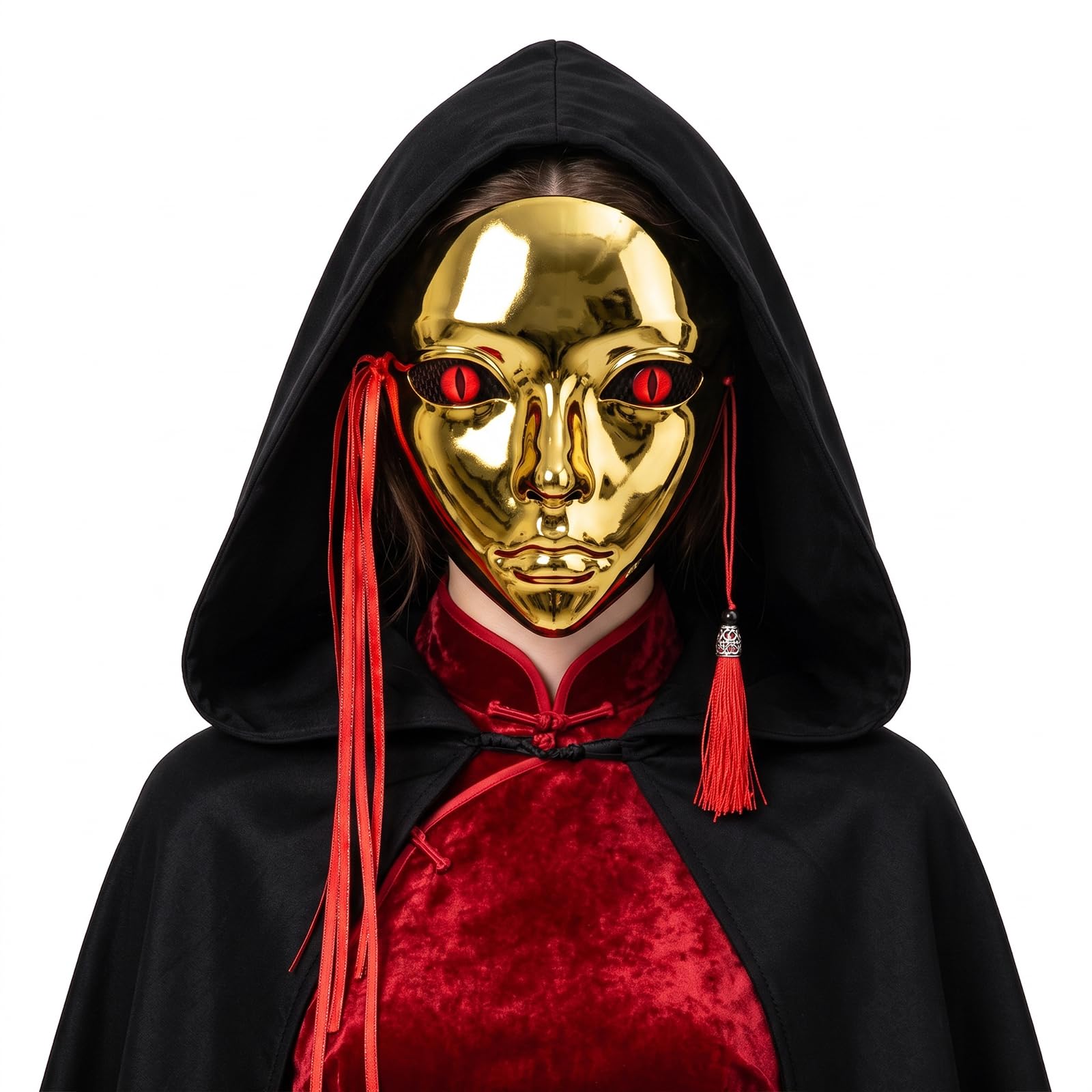 TINAYAUE Japanese Kabuki Full Face Masquerade Mask for Women, Handmade Breathable Halloween COS Game Theme Party Carnival Costume Prop with Red Ribbon and Tassels (Gold)