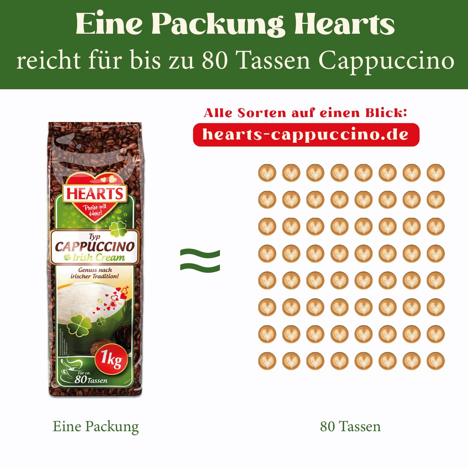 HEARTS Cappuccino Irish Cream 10 x 1 kg – Disfruta según la tradición irlandesa – Paquete de almacenamiento, fácilmente soluble, café instantáneo – suficiente para 800 tazas