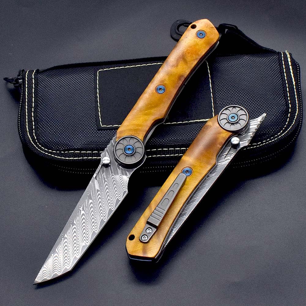 Taschenmesser slim klappmesser Damast 7.5cm VG10 Damaststahl Holzgriff Grün Stabilisiertes Holz Faltbar Edc tanto messer flipper Damaszener geschmiedet ‌einhandmesser mit lederscheide,Premium Eleganz