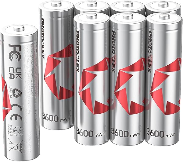 PHOTOOLEX Rechargeable AA Batteries (Pack of 8), 3600mWh Double A Battery 1.5V Lithium AA/HR6 Rechargeable Batteries 1600 + High Performance and Long Life Cycles with Storage Box (without Charger)