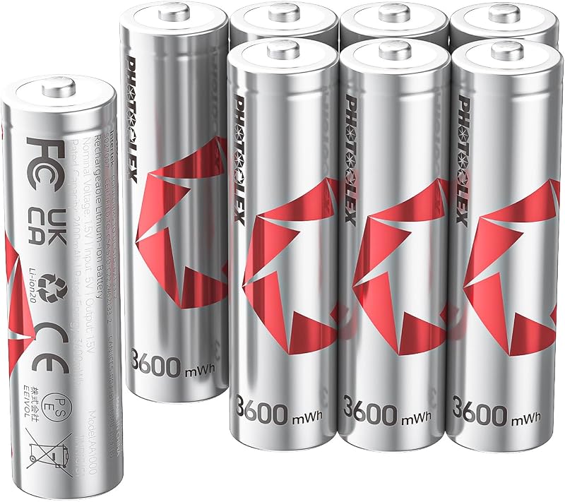 PHOTOOLEX Rechargeable AA Batteries (Pack of 8), 3600mWh Double A Battery 1.5V Lithium AA/HR6 Rechargeable Batteries 1600 + High Performance and Long Life Cycles with Storage Box (without Charger)