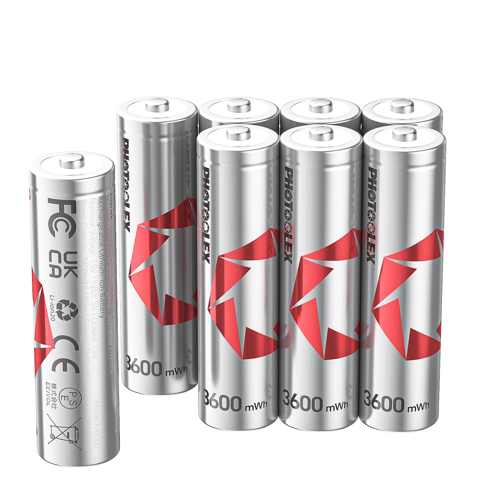 PHOTOOLEX Piles Rechargeables AA Lot de 8 3600mWh 1,5V Lithium HR6 Haute Performance Longue Durée