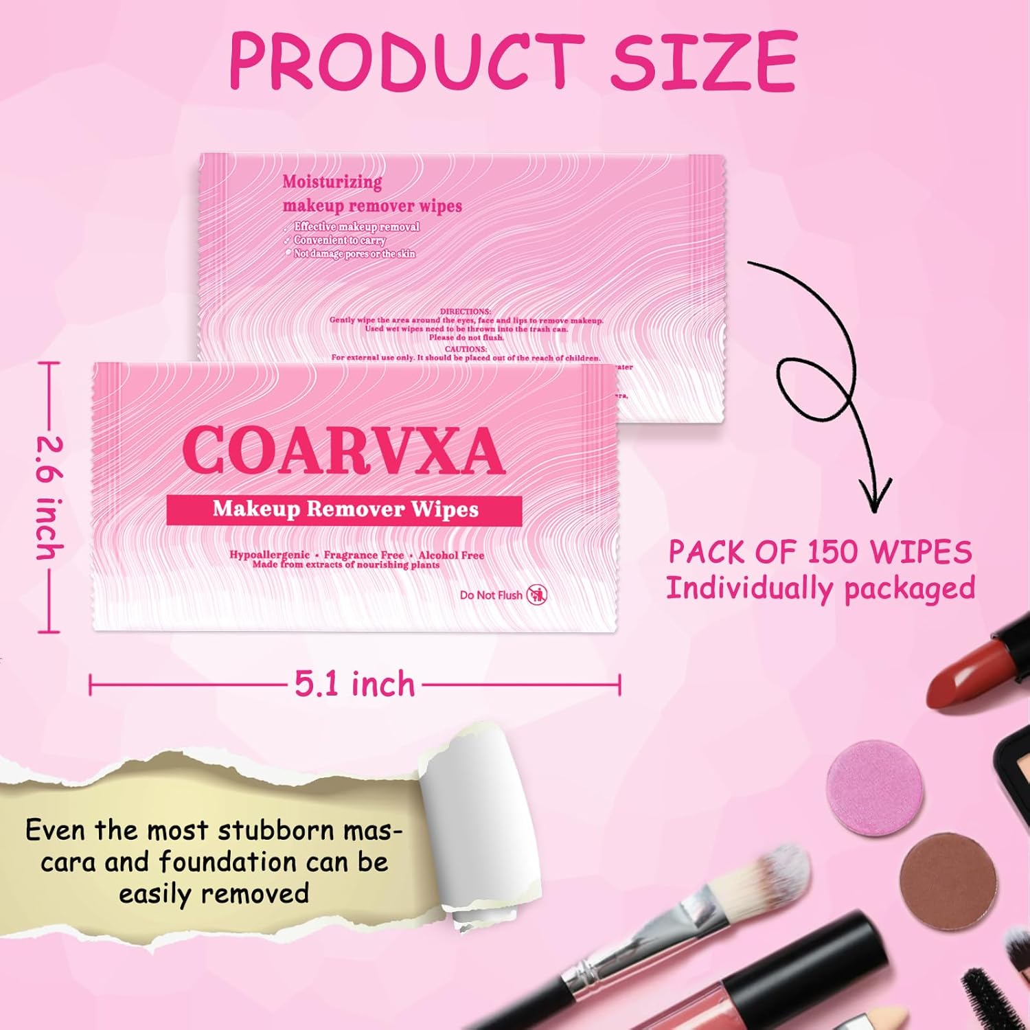 150 Count Makeup Remover Wipes Mini Makeup Wipes Travel Face makeup wipes Individually Wrap For Mascara Lipstick Oil Dirt Face Skin Hypoallergenic Alcohol-Free