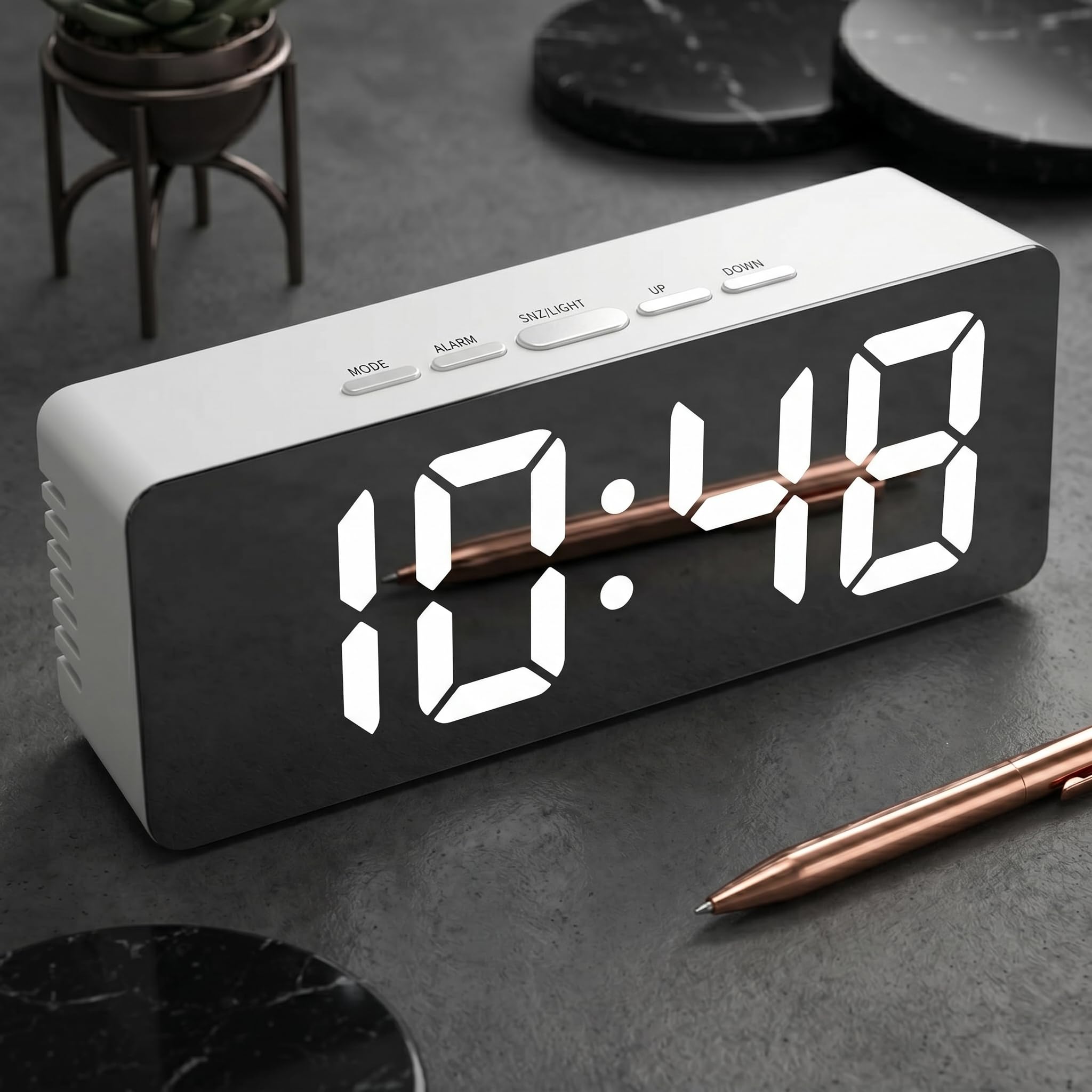 Digital Alarm Clock for Bedroom and Study Table LED Mirror Display Desk Clock with Snooze and Time Date Temperature Function Modern Table Clock White | Pack of 1-image-43