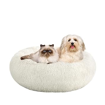 Kimicole Calming Fluffy Dog Bed & Cat Bed, White Soft Anti-Anxiety Furry Donut Dog Cuddler Bed, Shaggy Warming Dog Round Bed, Fluffy Faux Fur Plush Dog Cat Cushion Bed for Small Medium Dogs and Cats
