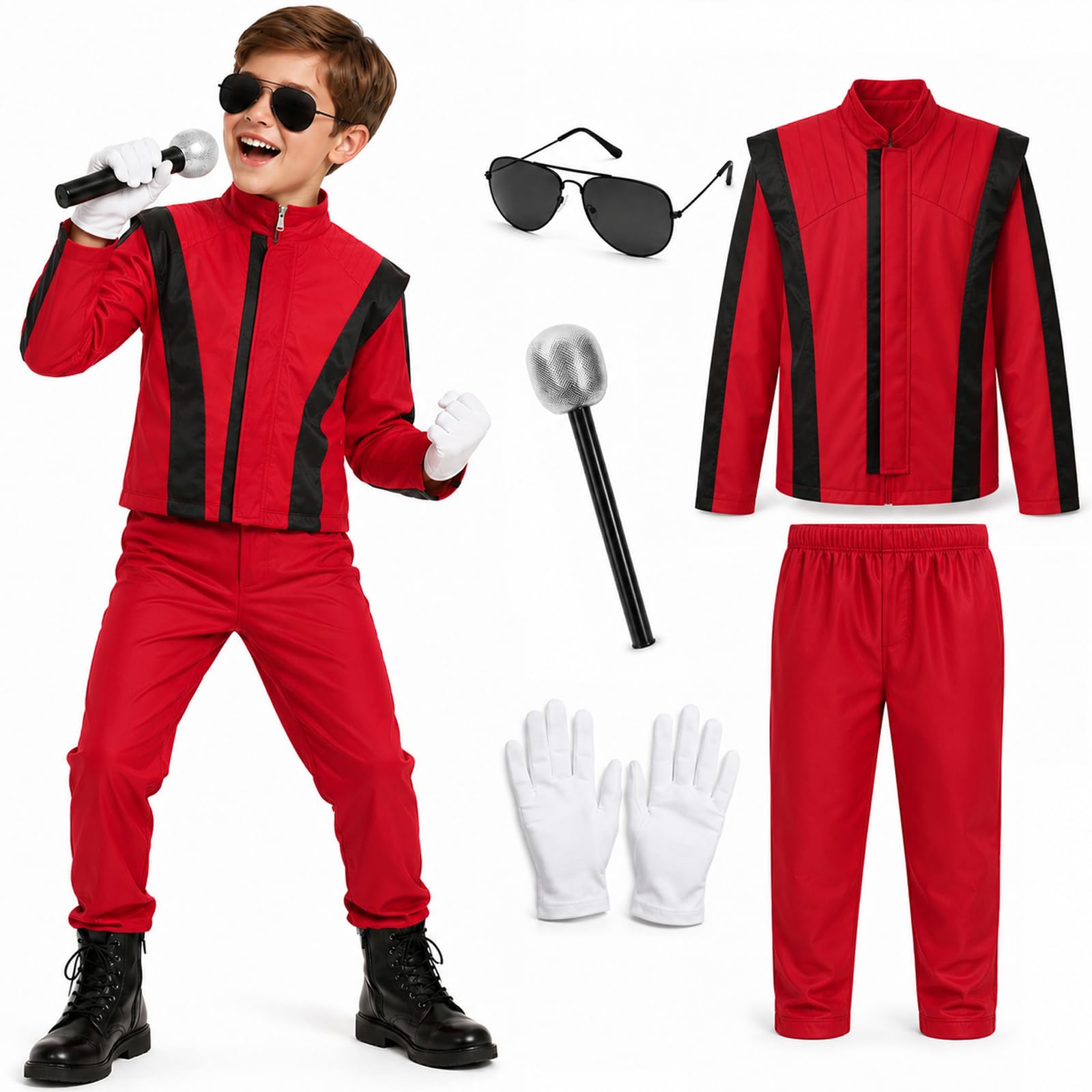 ZZXIAOJIE Pop Star Costume Kids 80s Rocker Musician Outfit Disco Halloween (Red, 5-6 Years/120)