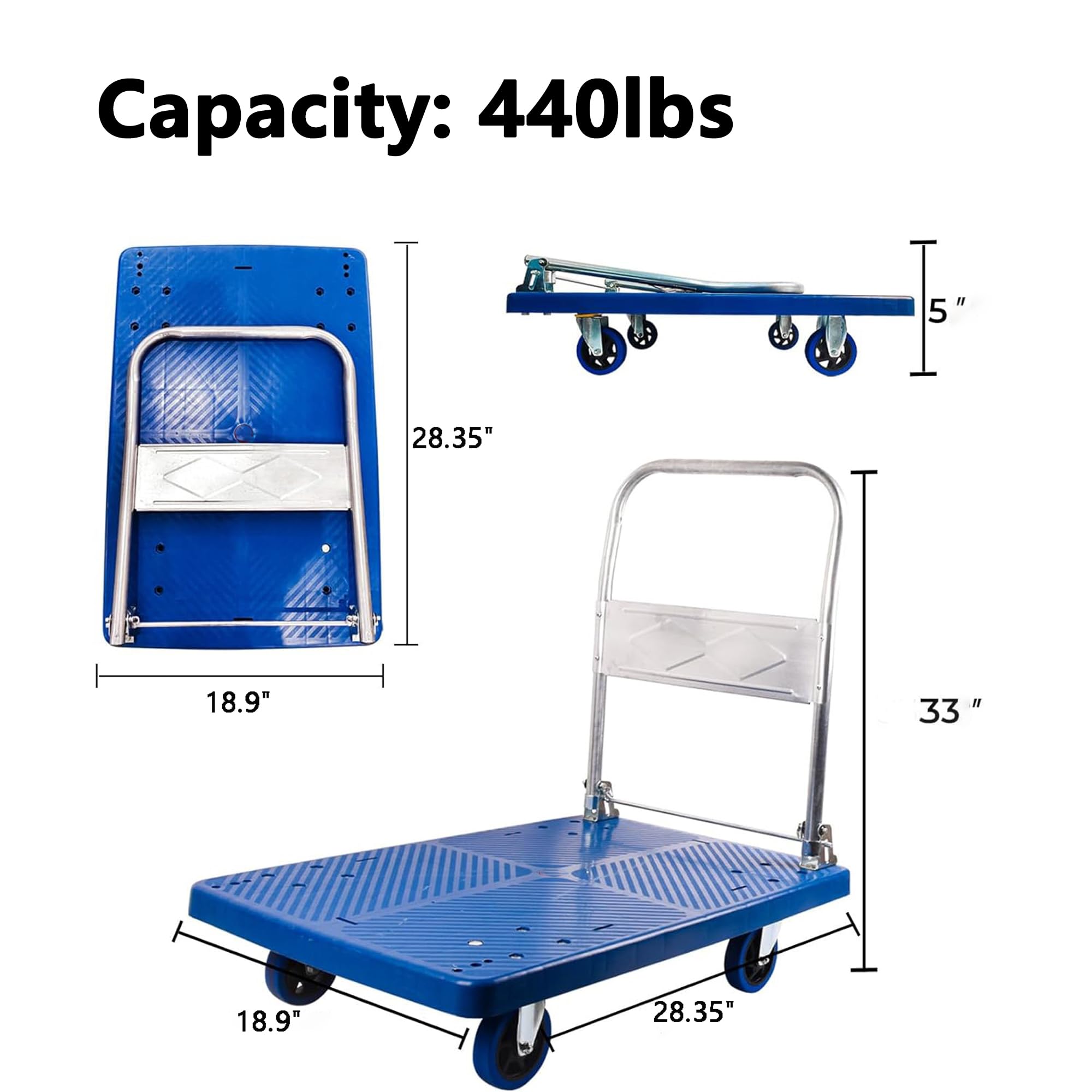 440LBS Foldable Heavy Duty Moving Hand Push Cart Dolly Flatbed Platform Truck with Wheels for Loading Storage Home Warehouse Garage Logistics Express