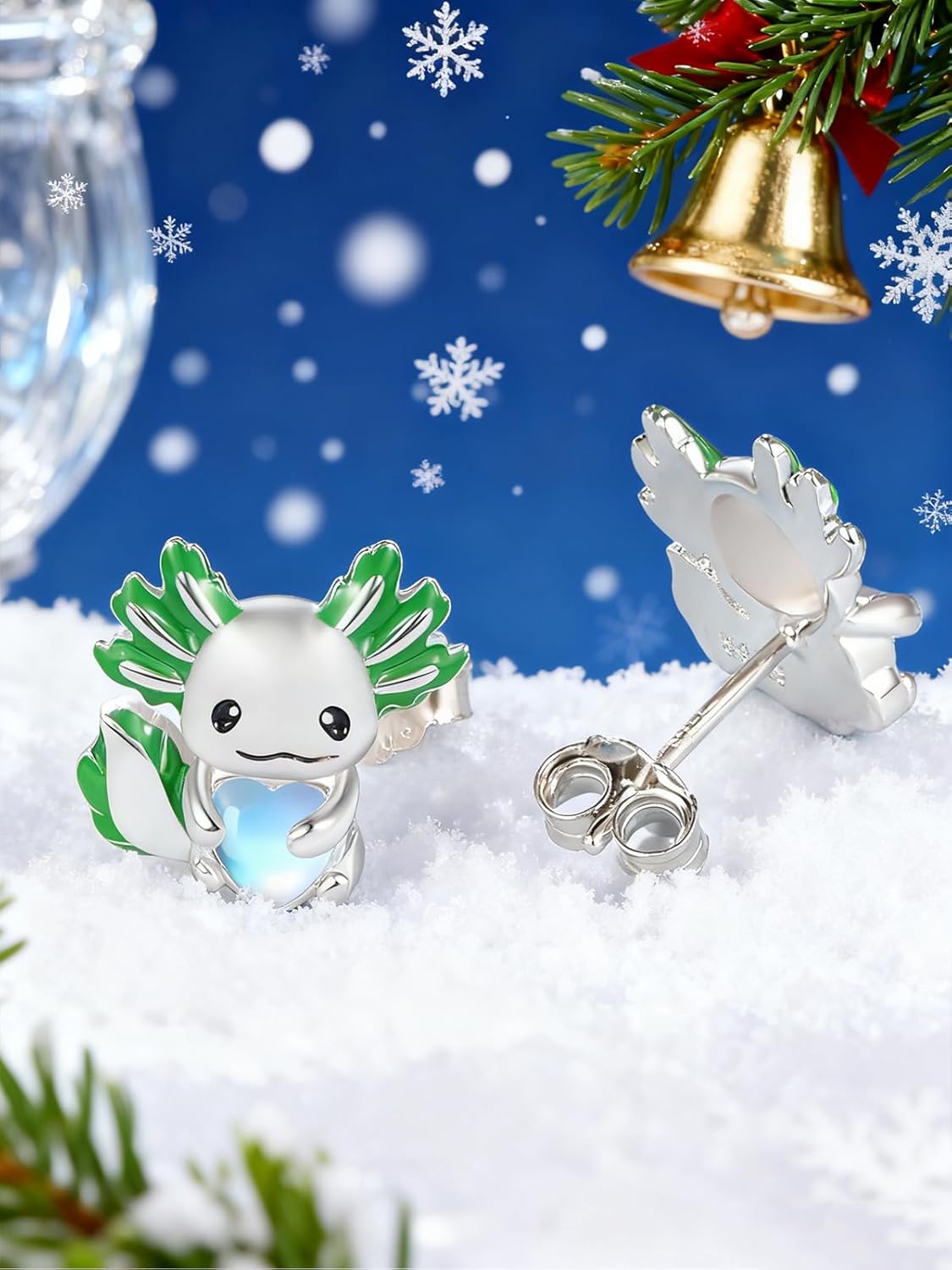 Dreamboat Cute Axolotl Stud Earrings for Women 925 Sterling Silver Hypoallergenic Moonstone Heart Animal Cartilage Earring Christmas Birthday Jewelry Gifts for Sensitive Ears