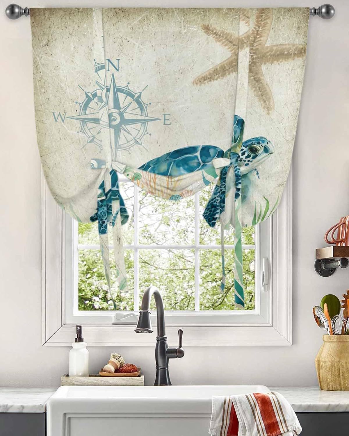 Tie Up Curtains Window Shades, Sea Turtle Underwater Starfish World Vintage Pattern Rod Pocket Tie Up Window Shade, Adjustable Balloon Curtain Shade for Blinds Kitchen Bathroom, 1 Panel, 42"x63"