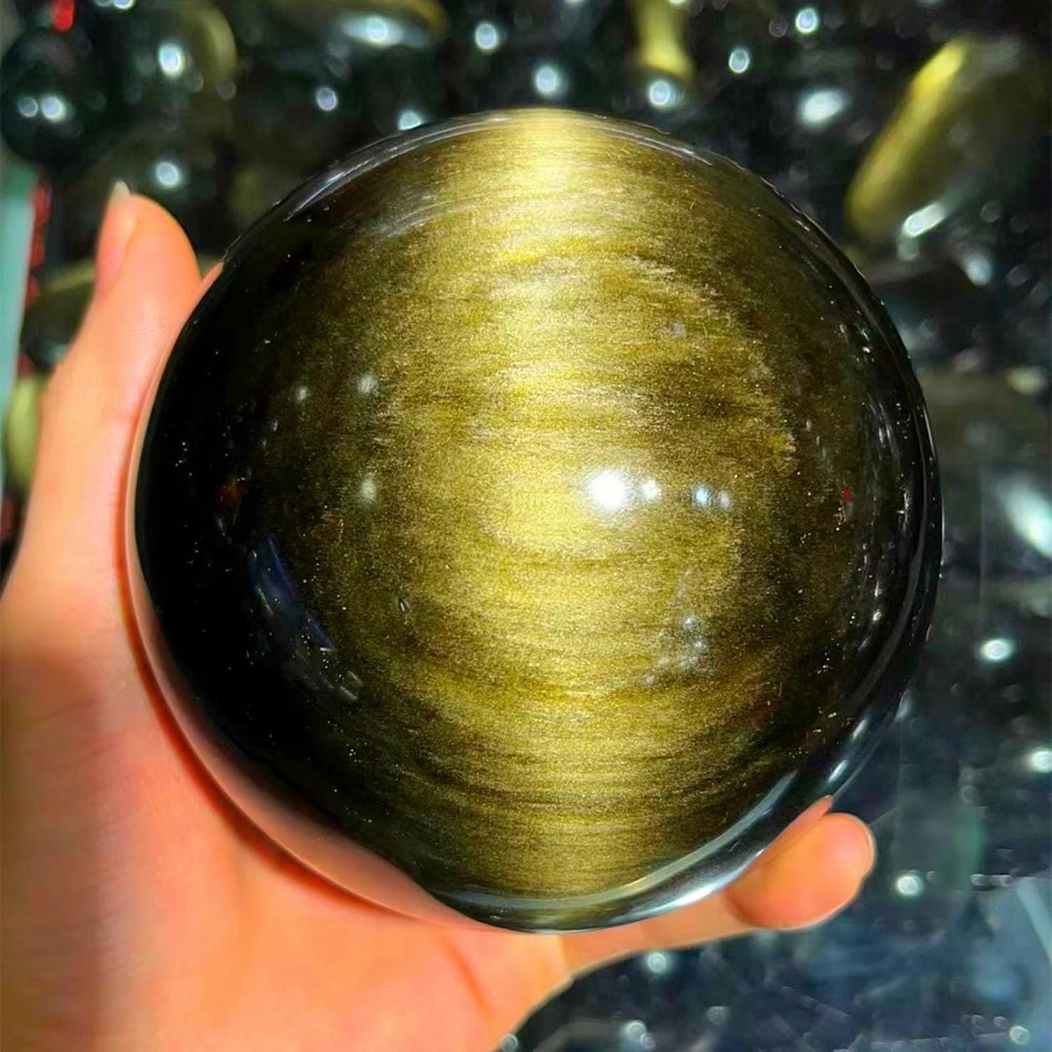 Gold Obsidian Crystal Sphere Quartz Crystal Ball Ornaments Feng Shui Obsidian Stone for Witchcraft Scrying Home Decoration,3.14"(8cm)