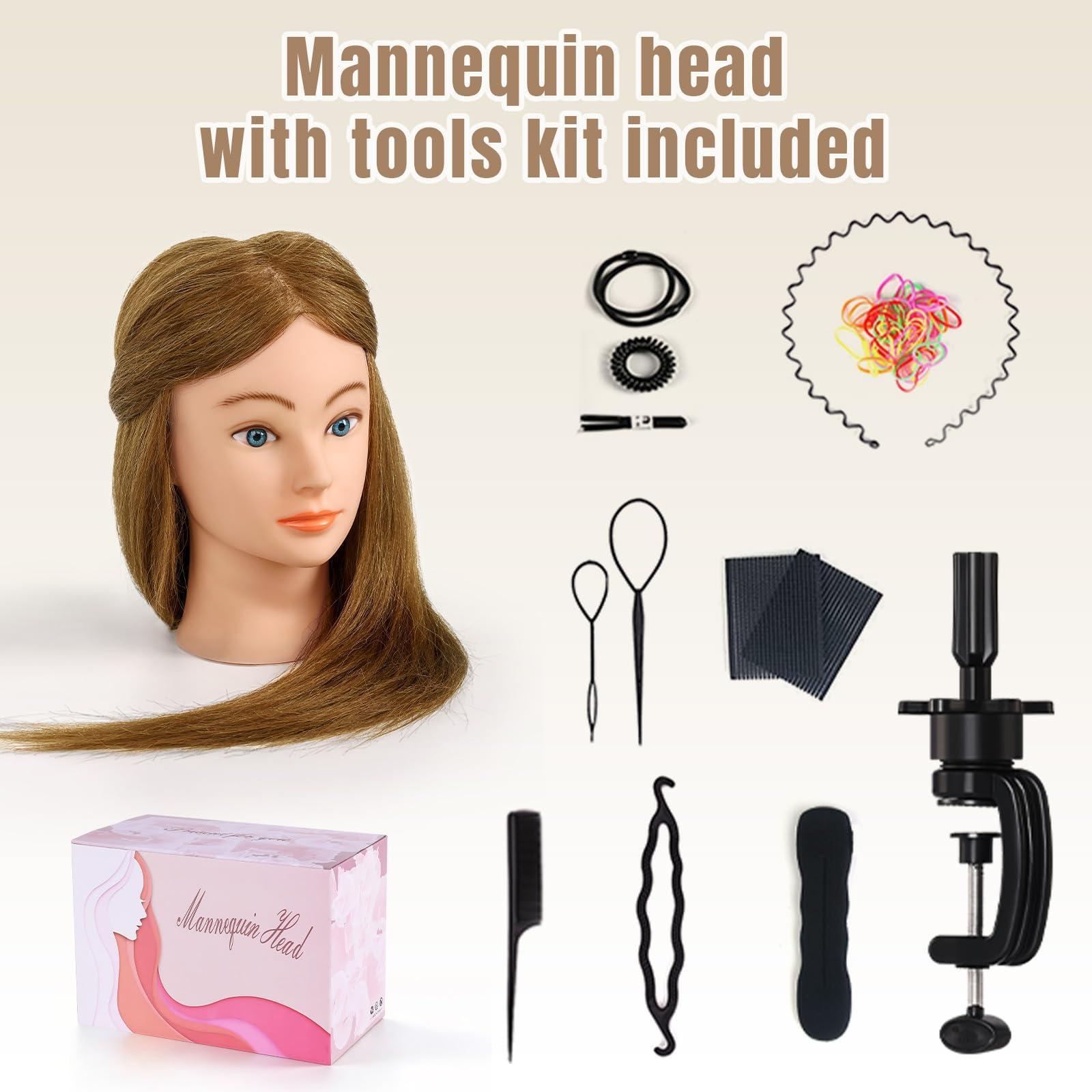 TopDirect Frisierkopf 45 cm mit 100% realistischem Kunsthaar, Honigblond | natürliches Haargefühl, Friseur Übungskopf mit Halter & Zubehör für Flechten, Schneiden und Styling