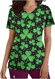 Women Happy St. Patrick's Day Scrub_Tops with Pockets Lucky Shamrock Tops Short Sleeve T-Shirts Paddy's Day Clothes Green