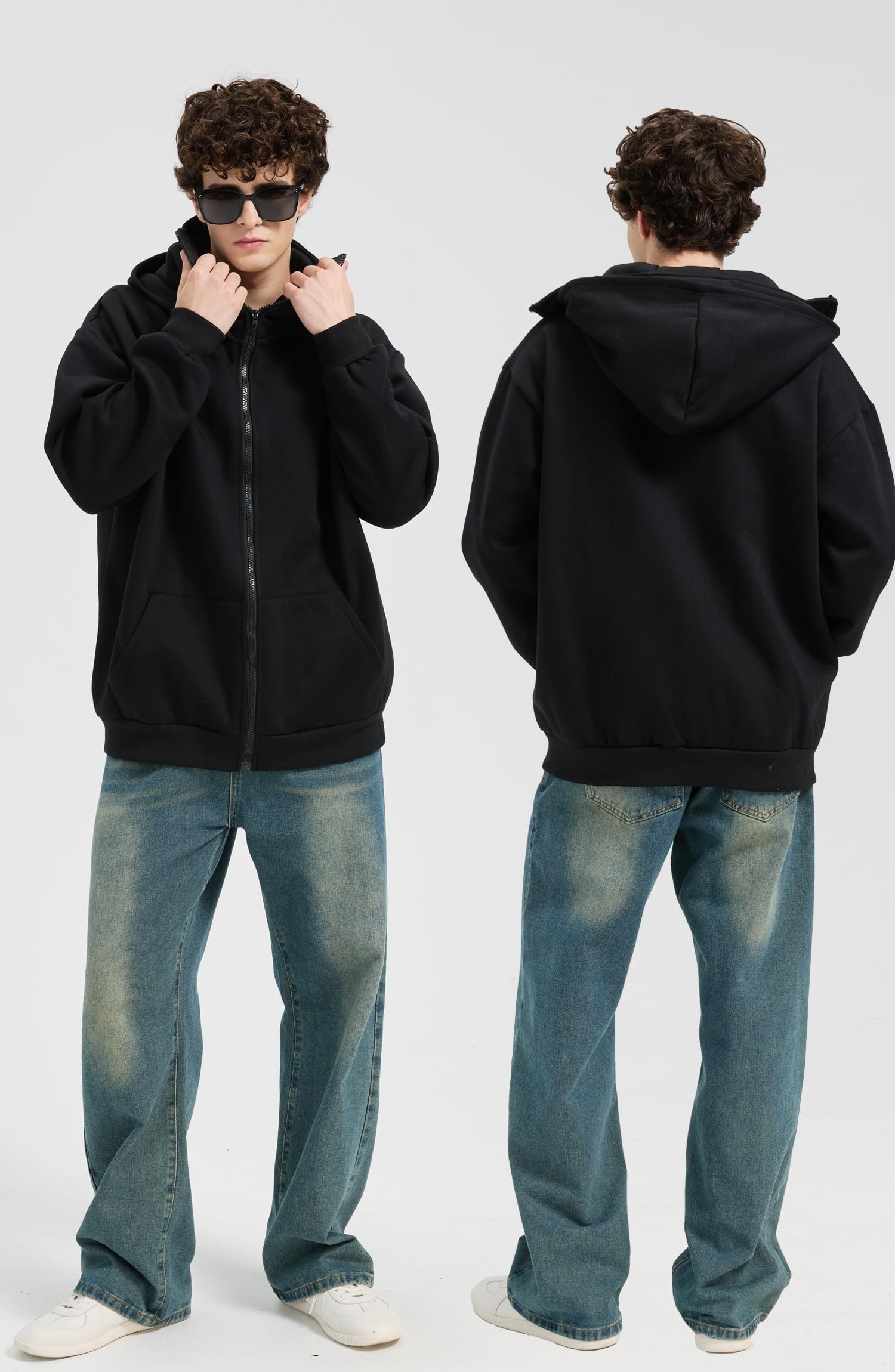 Warme Zip Hoodie Herren mit Sturmhauben Hip Hop Sweatjacke mit Kapuze Oversized Kapuzenpullover mit Motorradmaske