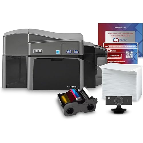 Fargo DTC1250e Dual Sided ID Card Printer & Complete Supplies Package with Bronze Edition Bodno Software