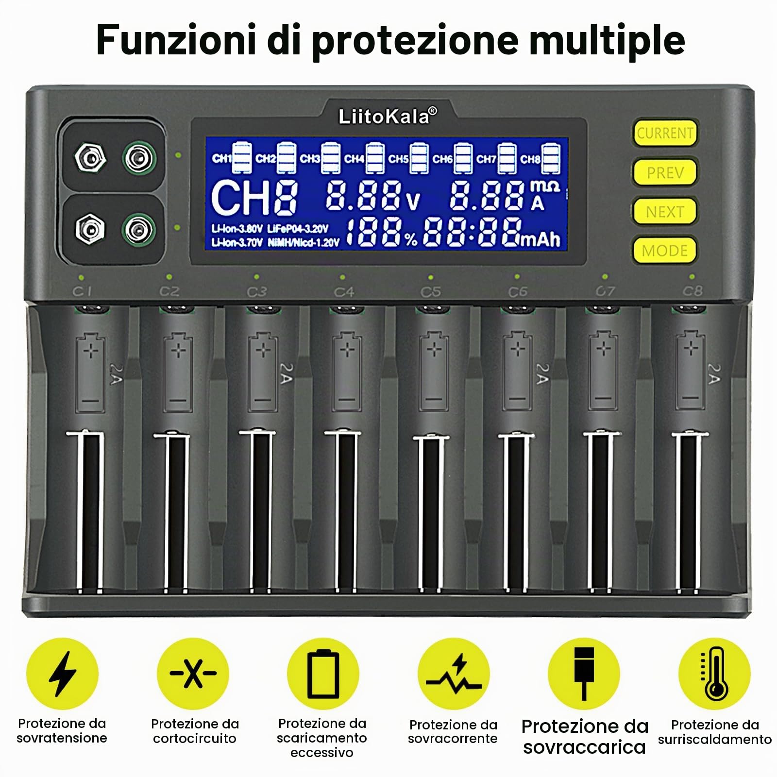 LiitoKala Lii-S8 Caricabatterie rapido con display LCD e controllo touch, 18650 Caricabatterie 9V a 8 slot per Li-ion LiFePO4 Ni-MH Ni-Cd AA AAA C 21700 26650 13650 16340 18700 RCR123