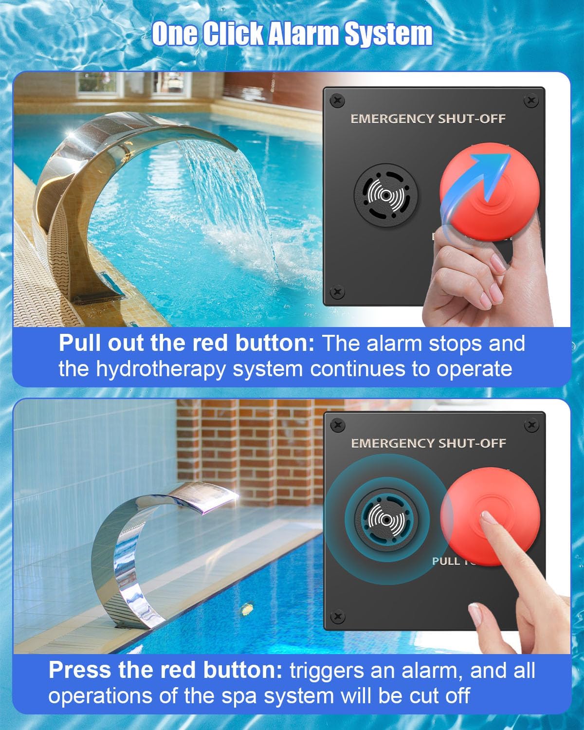 24VDC Double Gang Emergency Shut-Off Switch with Alarm – Compatible with Pool and Spa Control Systems, Waterproof Plugs to Respond to Emergencies Black