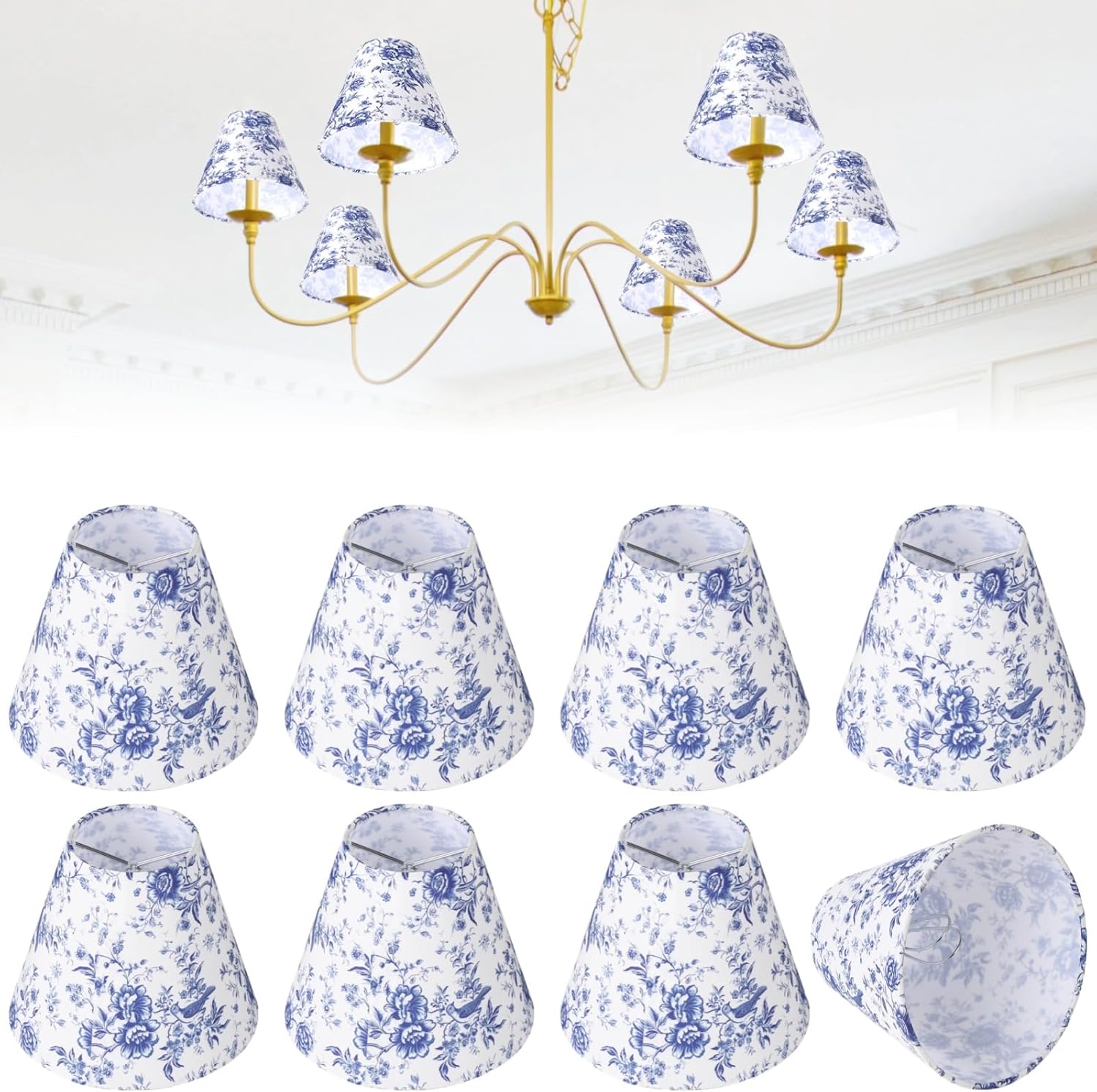8 Pcs Chandelier Shades, Small Chinoiserie Lampshades with Clip-On Fitter, French Countryside Decorative Light Shades for Chandelier Bulbs, Lamp 3"×Top 6"×Bottom×5.1" Slant Height