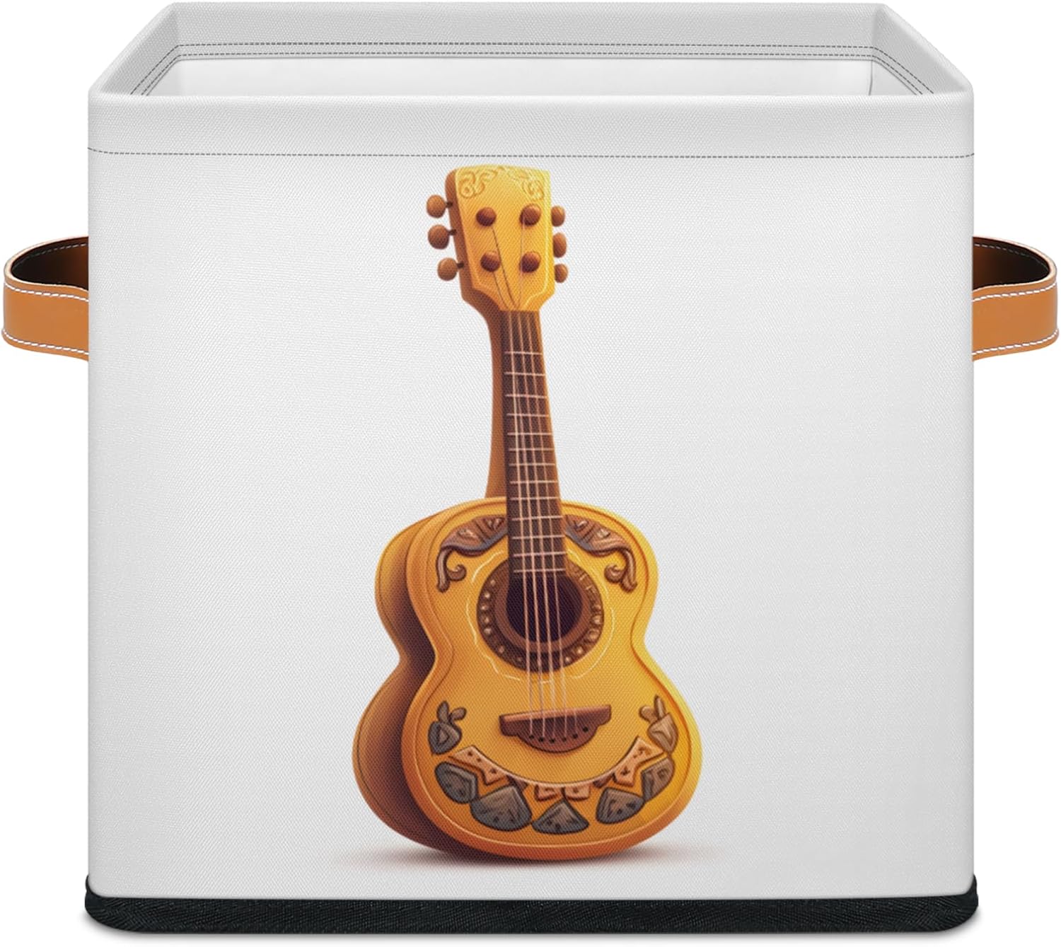 Music Themed Cube Storage Bin, 11x11 inch Fabric Storage Cube, Foldable Baskets for Shelves Closet, Guitar Clothes Organizer Bin with Leather Handles