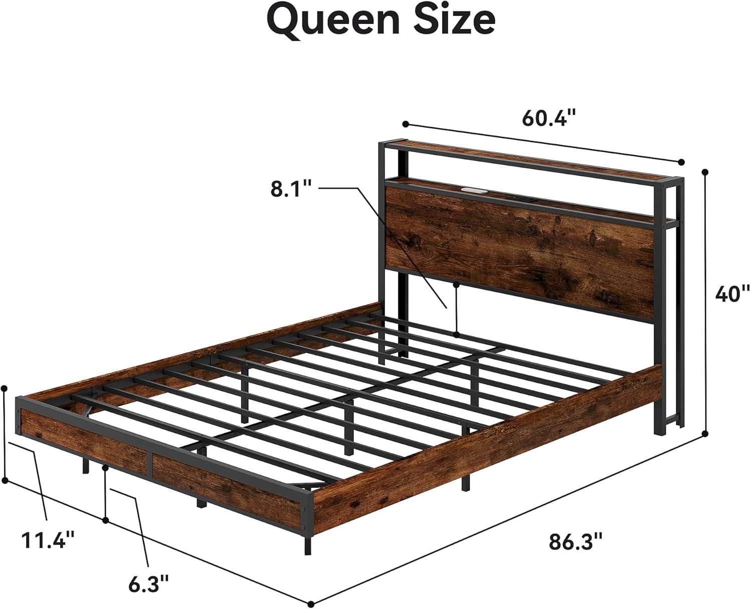 Queen Bed Frame with Storage Headboard and Charging Station, Metal Bedframe with LED Lights, Queen Size Platform Bed with Heavy Duty Slats, 100% Anti-Slip Mattress, No Box Spring Needed, Rustic Brown