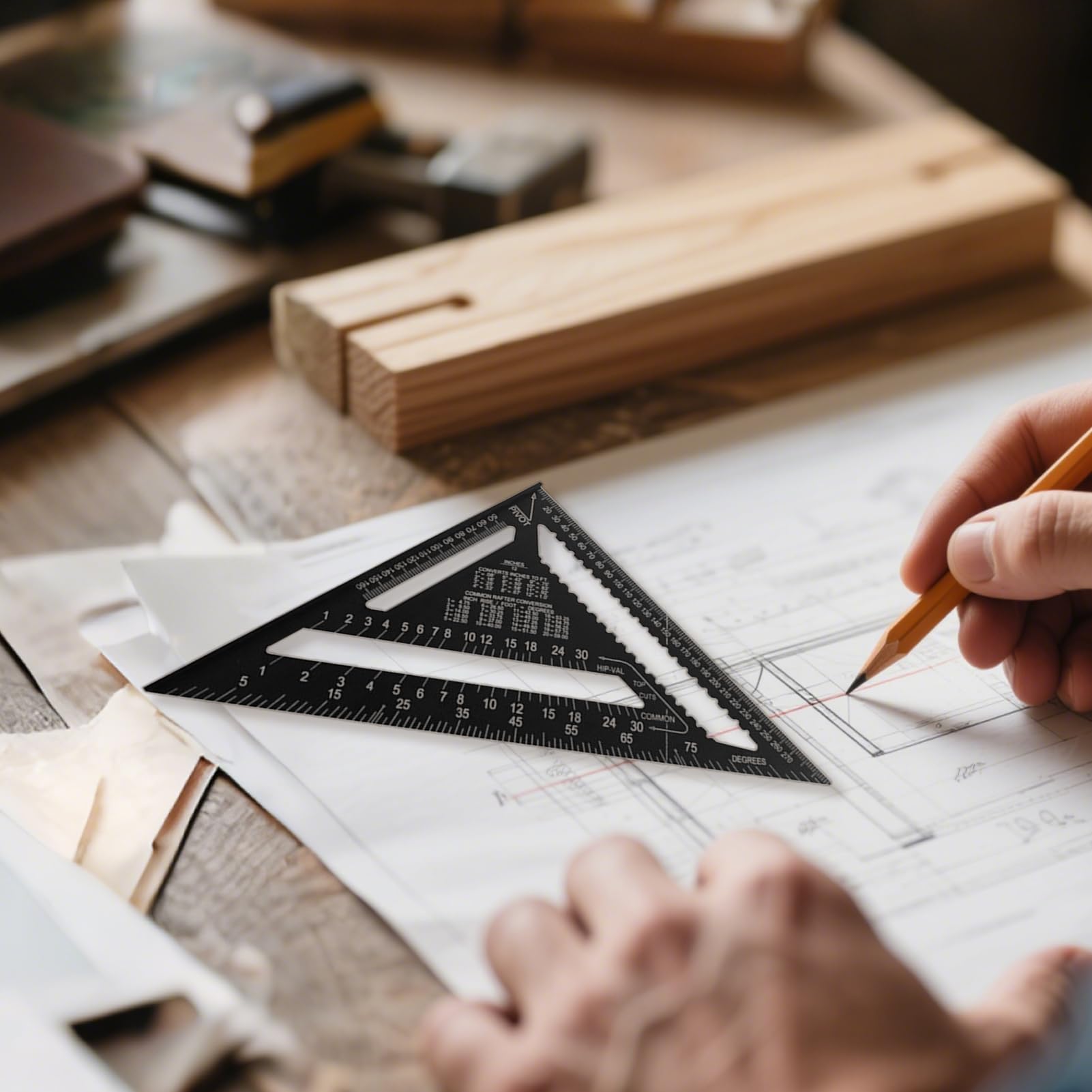 MRKU Squadra da Carpentiere con Righello Triangolare - Strumento in Alluminio per carpentieri e tetti - Misura metrica