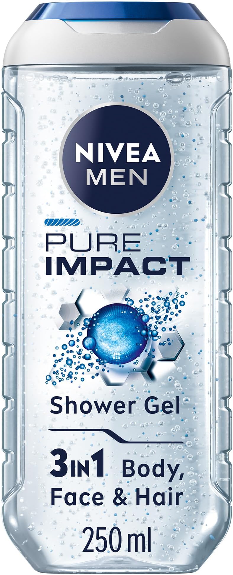 NIVEA MEN Pure Impact 3in1 Shower Gel, Cleans Body, Face and Hair, with Purifying Particles, Deep Cleansing for a Fresh Feeling, for All Skin Types, 250ml
