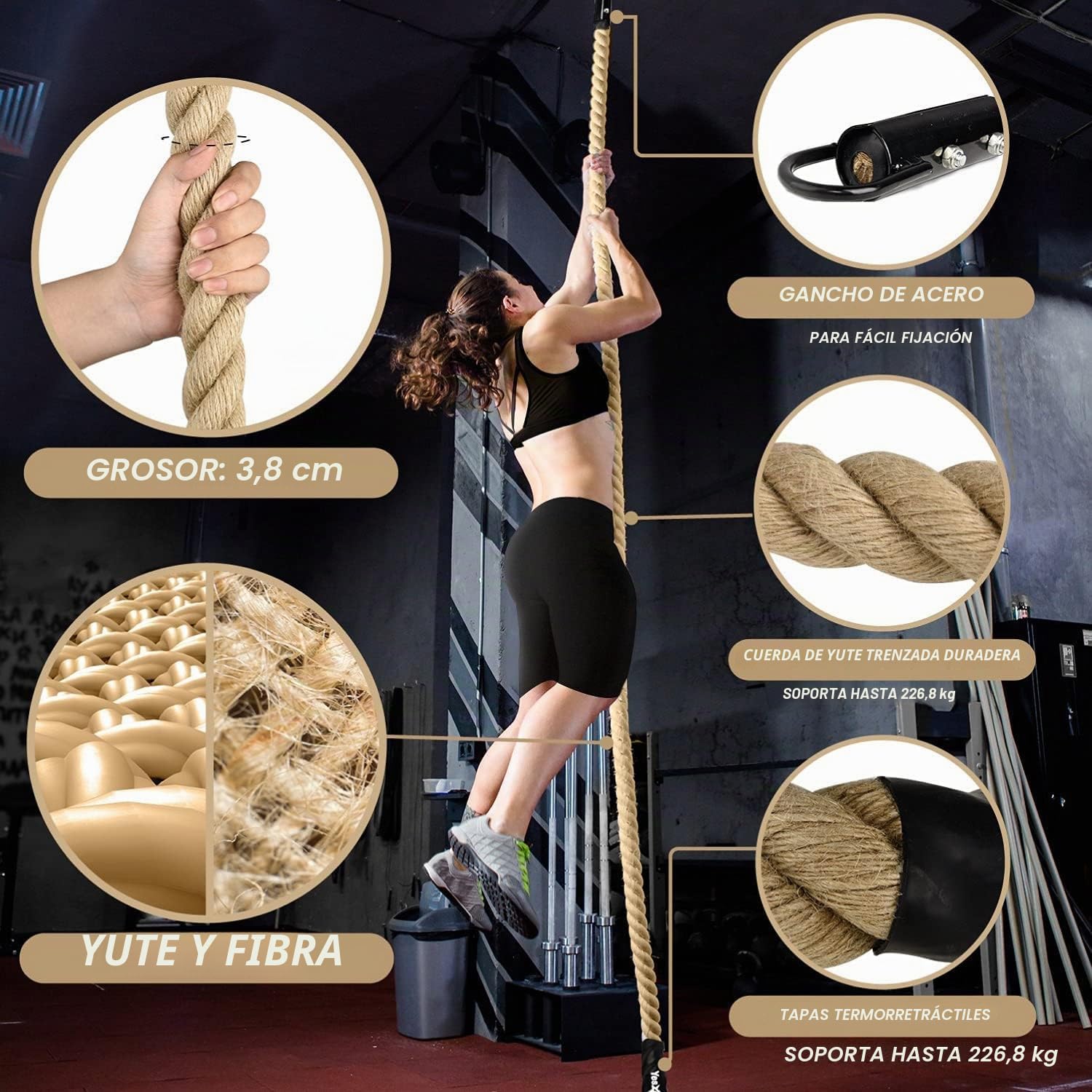 Yes4All Cuerda de escalada de gimnasio con mosquetón de 38 mm de diámetro para fitness y entrenamiento de fuerza, ejercicios de crossfit y entrenamientos en casa, cuerda deportiva de entrenamiento de