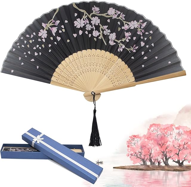 Grantop Folding Hand Fans, Handheld Folding Fan for Women, Chinese Vintage Style Handheld Silk Folding Fan for Birthday Wedding Party Decoration (Black-Cherryblossom)
