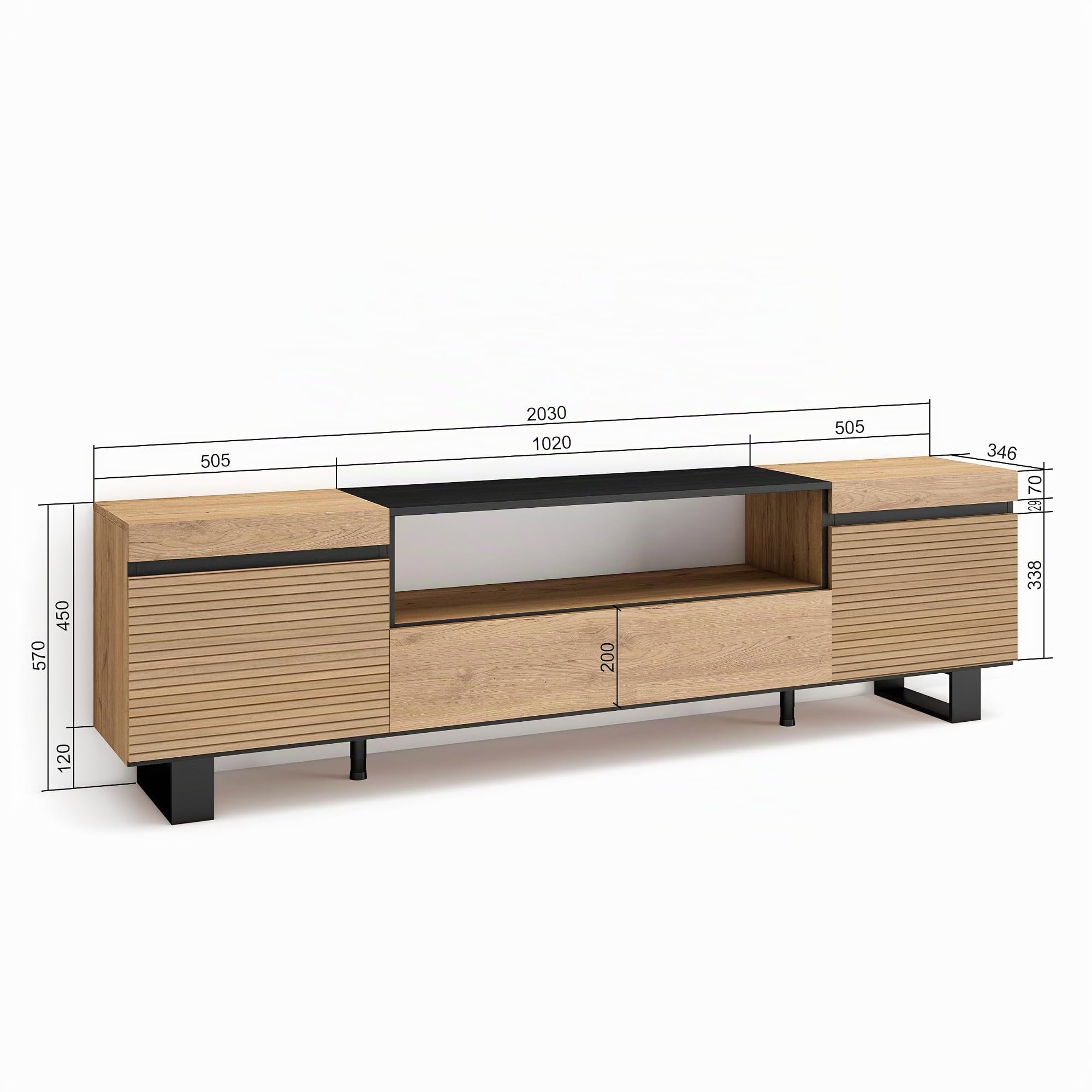 Skraut Home | Mueble TV | Televisión | Muebles de salón, almacenaje | 200x57x35cm | para TV hasta 80" | Diseño Industrial | Estilo Moderno | Roble