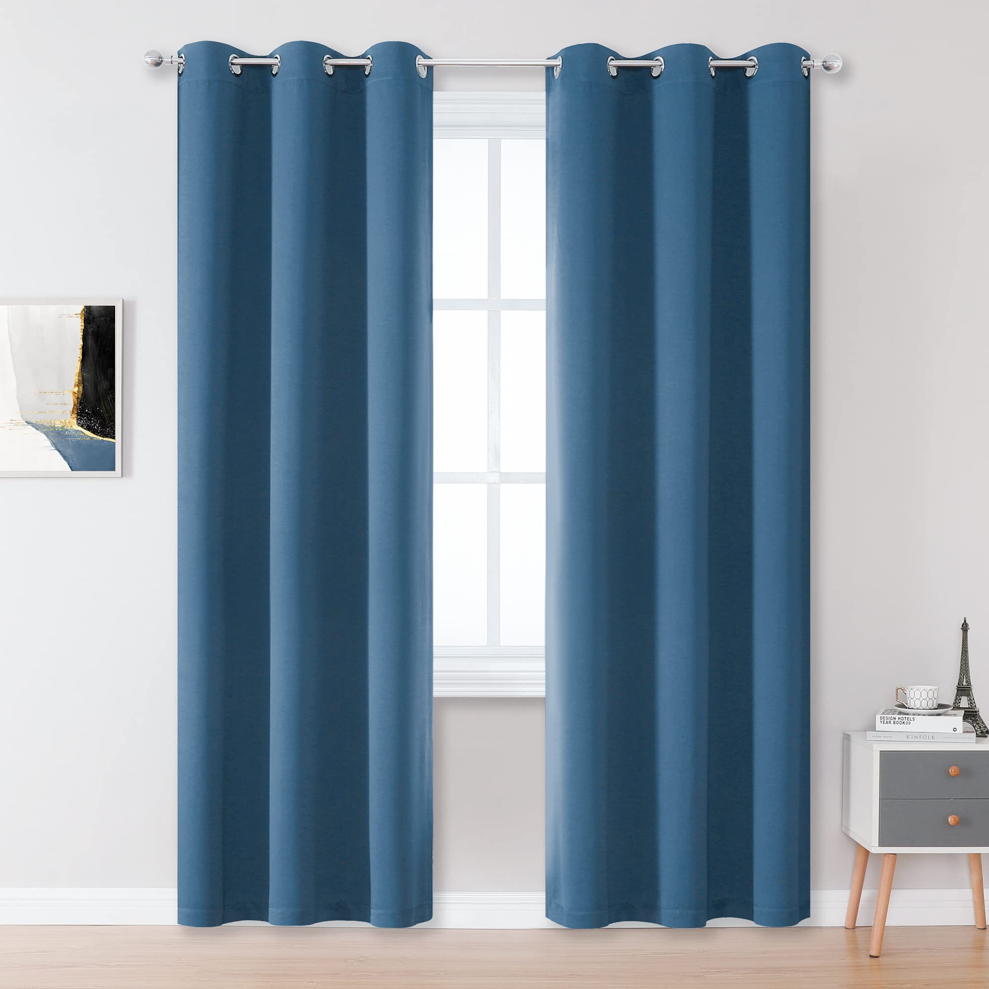 DUALIFE Blue Blackout Curtains Denim for Bedroom 2 Panels Burg 84 Inch Length, Room Darkening Black Out Grommet Window Drapes for Living Room Kids