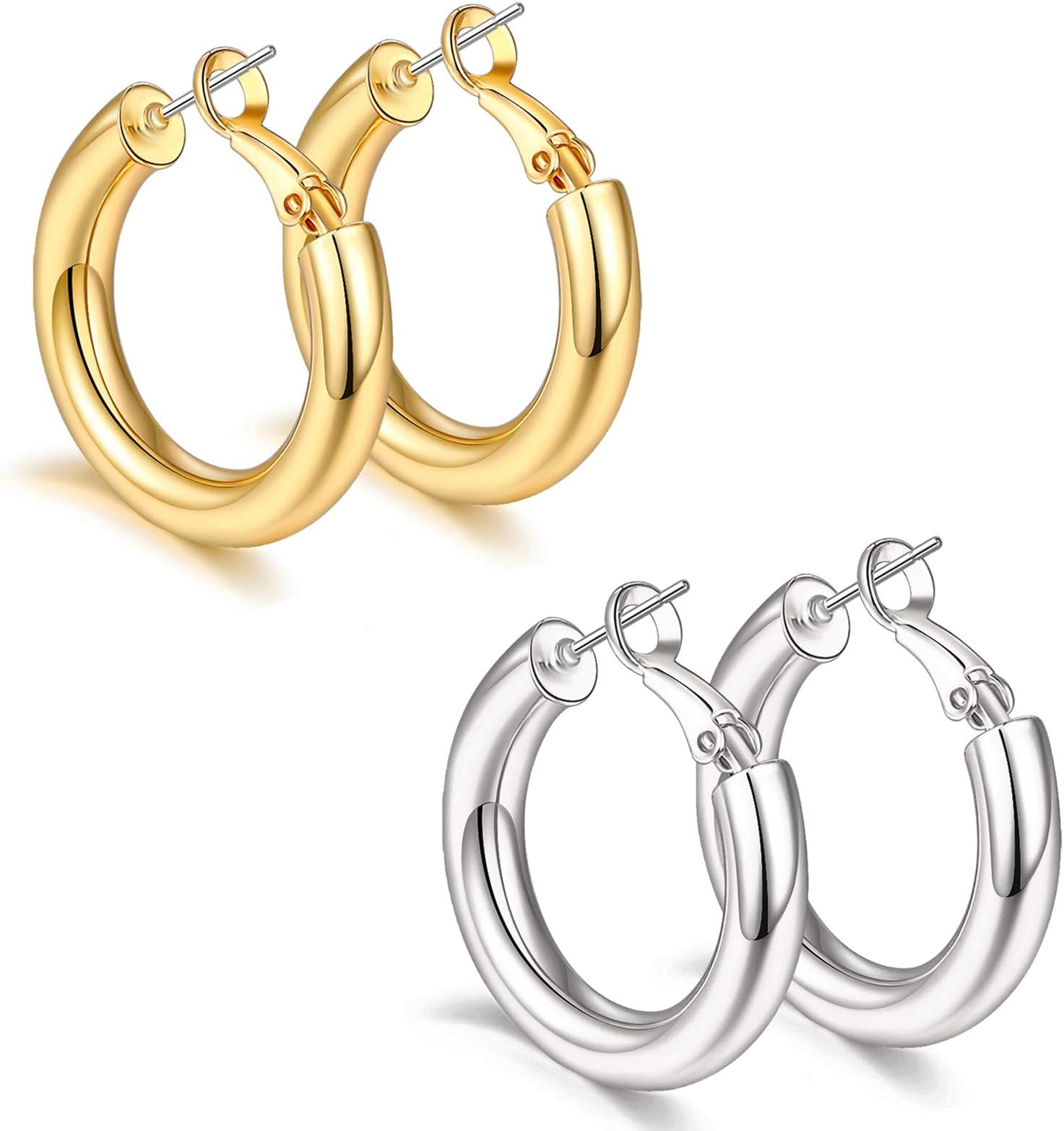 sovesi Chunky Gold Hoop Earrings for Women with 925 Sterling Silver Post, 14K Gold Plated Small Thick Gold Hoops Earrings for Women, 30MM, Brass, high polish