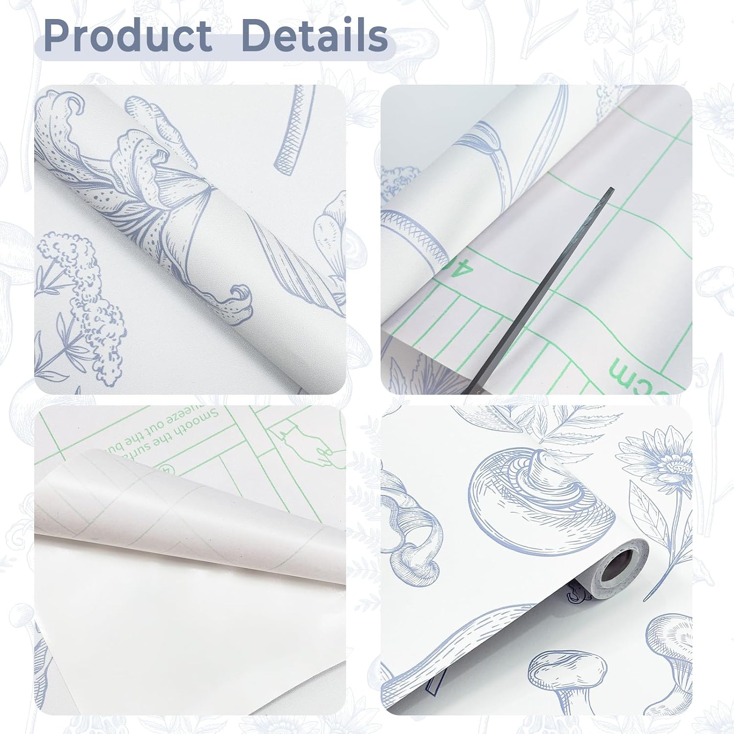 17.3" x 196.8" Mushroom Wallpaper Peel and Stick Vintage Floral Contact Paper Boho Self Adhesive Blue Removable Wallpaper Mushroom Forest Decorative Contact Paper for Bathroom Cabinets Vinyl