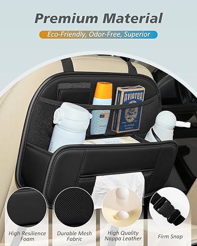 Miniatura 4 de FLORICH Organizador de asiento trasero de automóvil 5 en 1, bolsillo de almacenamiento de cuero premium con soporte para tazas, soporte plegable
