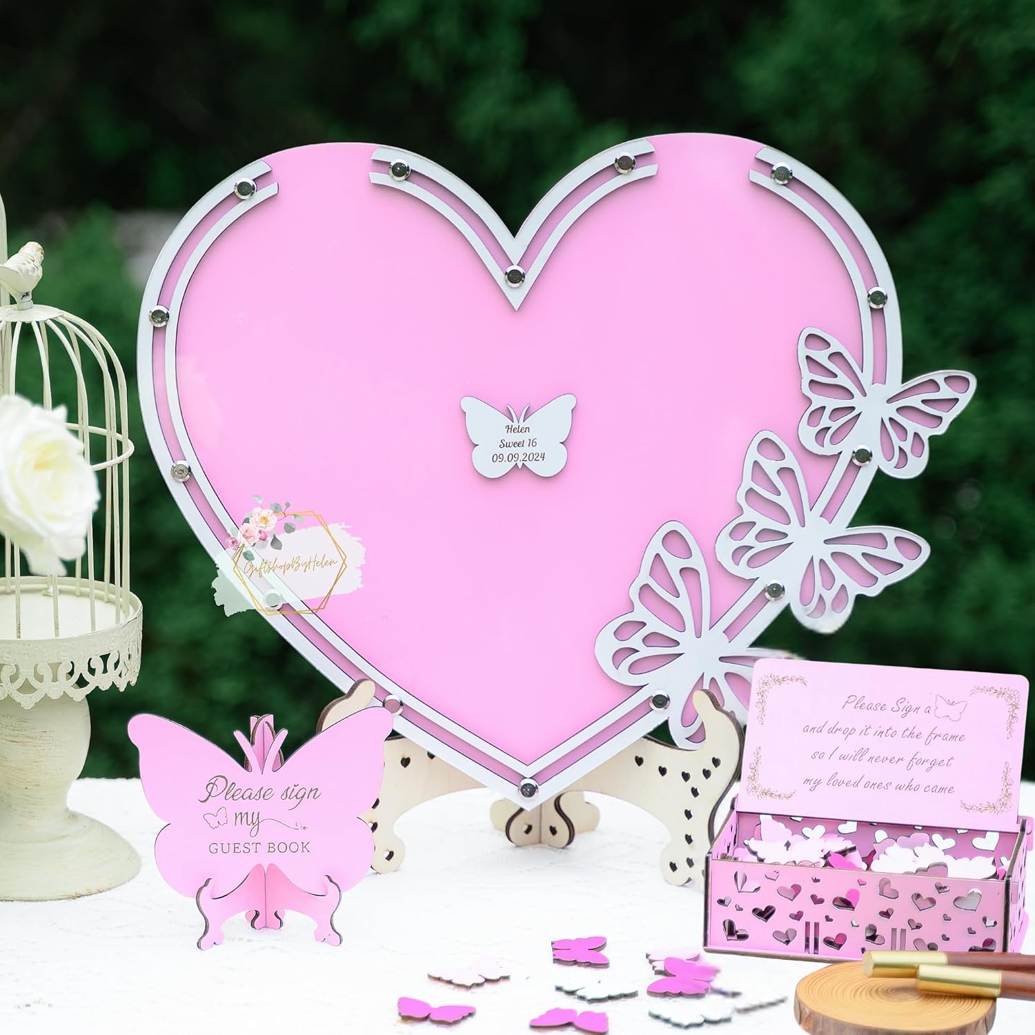 Quinceanera Guest Book Alternative Heart Drop Box, Butterfly Sweet 16 | Personalized pink wooden sign-in keepsake frame for Mis Quince Anos girls birthday party decorations