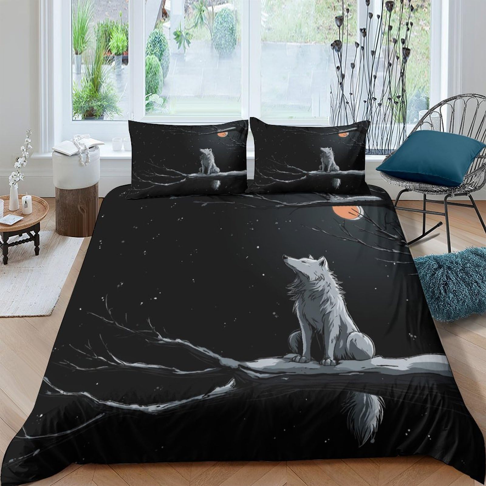 Ctjqhvkz Style-6 3D Printed Moonlit Wolf Fitted Sheet Microfiber Soft Black Forest Bed Cover For Bedroom Guest Room Mattress Protection Decor Single（135X200cm）