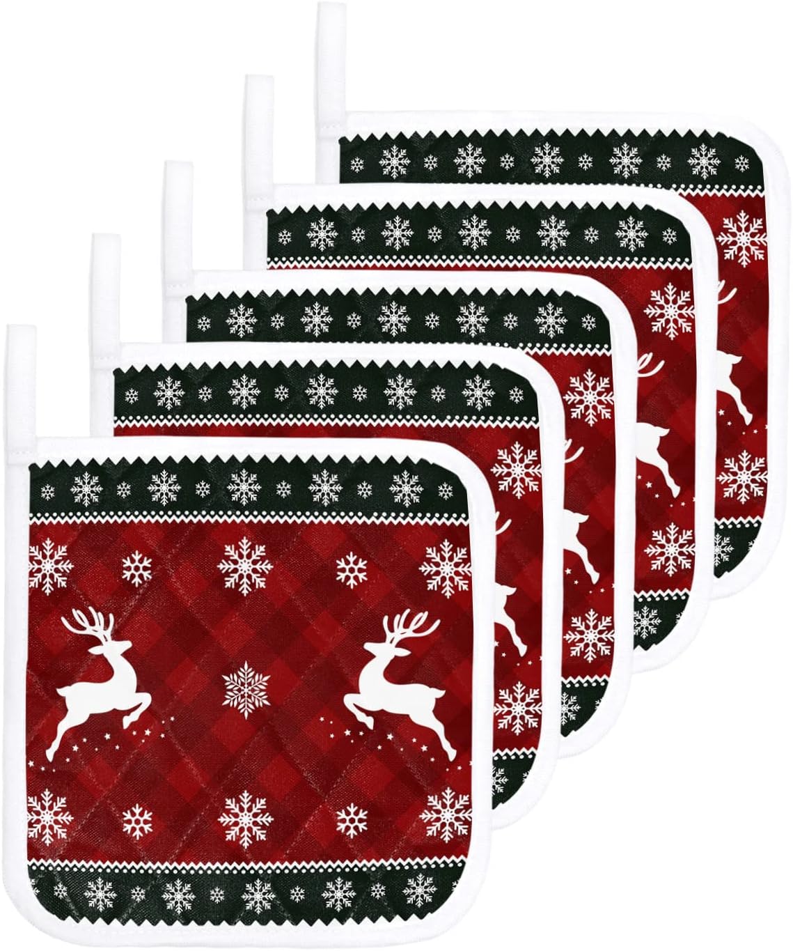 5 Packs Christmas Pot Holders Sets,Reindeer Snowflake Silhouette Oven Pads Heat Proof Mat with Hanging Loop Potholders for Holiday Kitchen Counter Dining Tables Decor,Retro Plaid Red