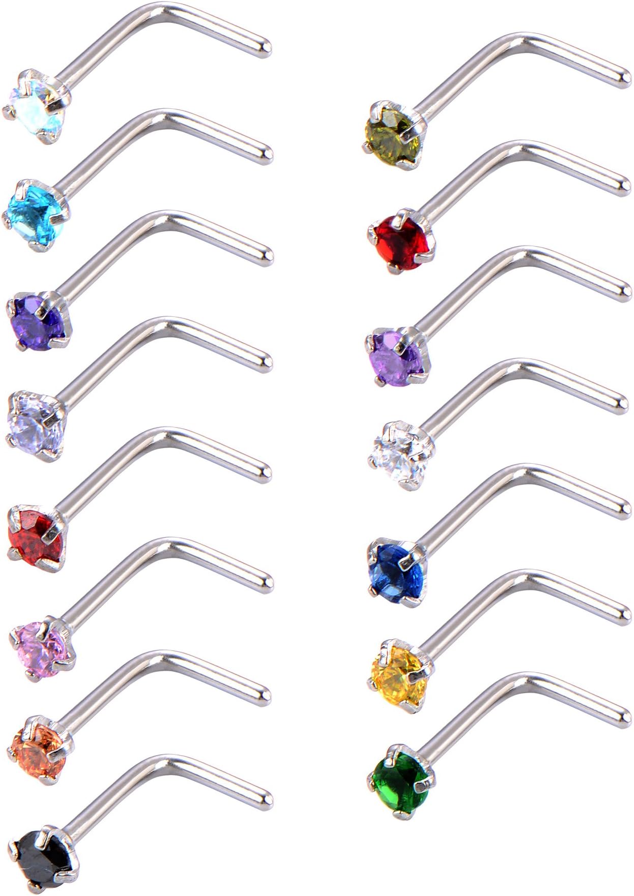 15 Pieces 20 Gauge L Shaped Nose Ring Curved Nose Stud Bend Bar Piercing Jewellery, 15 Colors