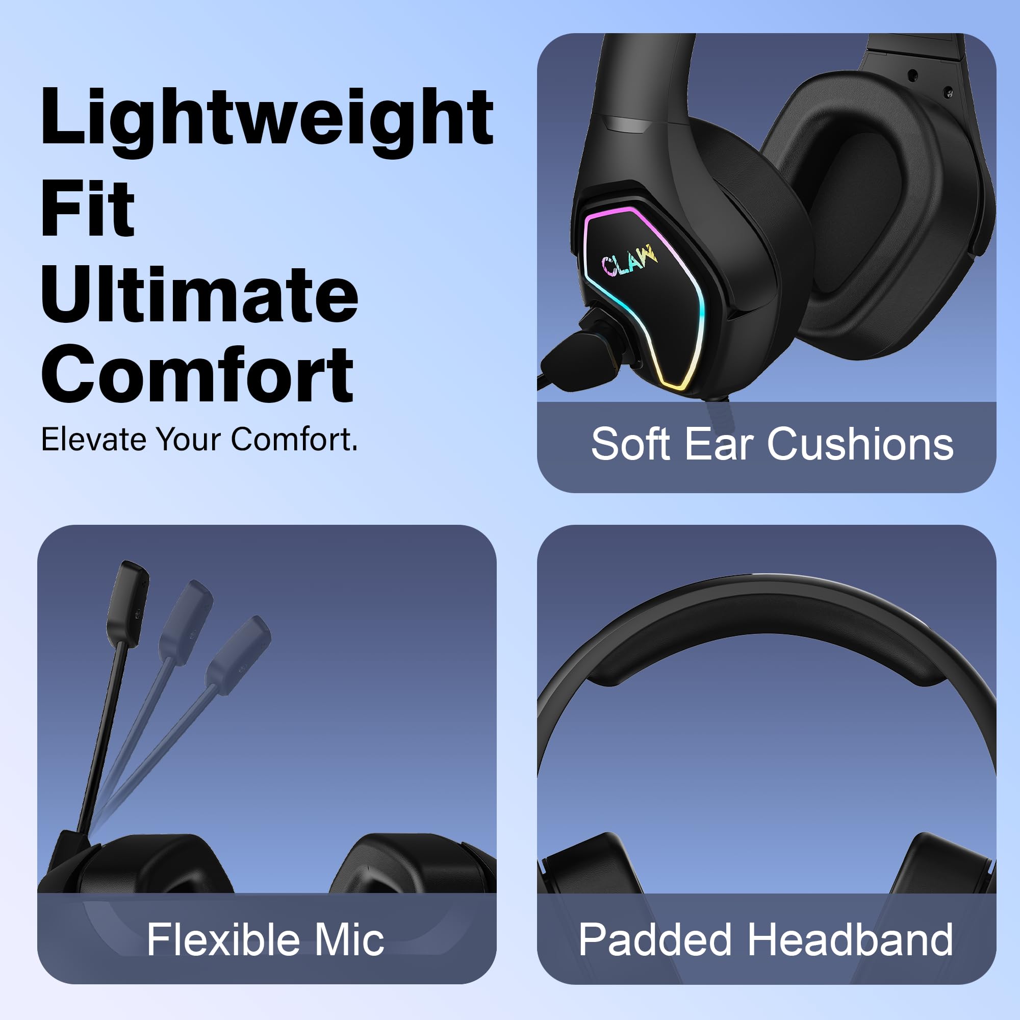CLAW GH40 Casque de jeu filaire RVB avec pilotes de 50 mm, microphone à isolation sonore, prise audio 3,5 mm, câble tressé de 2 m, compatible avec PC, PS4, PS5, Xbox, ordinateurs portables et