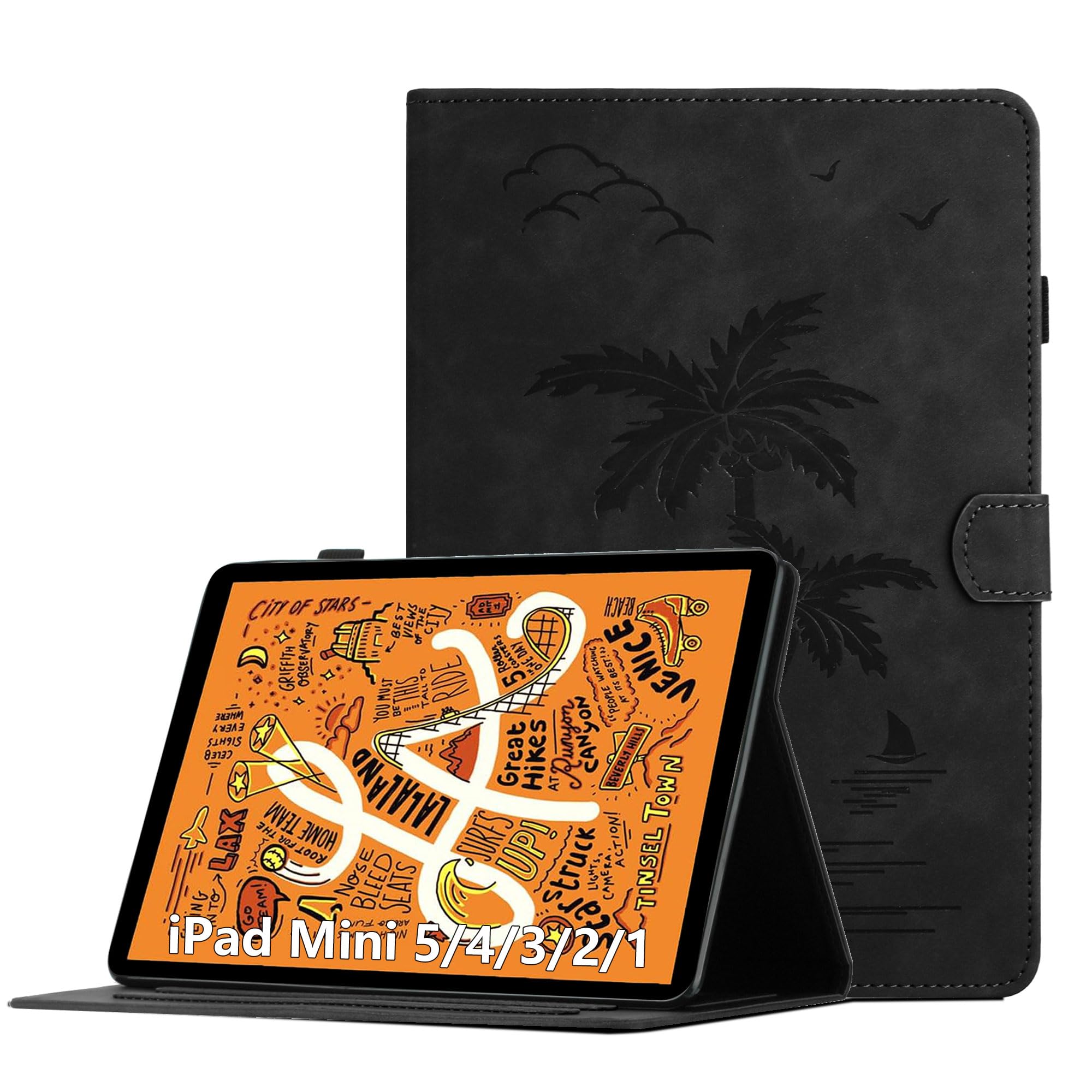 Oduio Hülle für iPad mini 7.9 Zoll, iPad mini 5/4/3/2/1, Premium PU Leder Multi-Winkel Folio Schutzhülle mit Kartenschlitz und Auto Schlaf/Wach Funktion, Schwarz