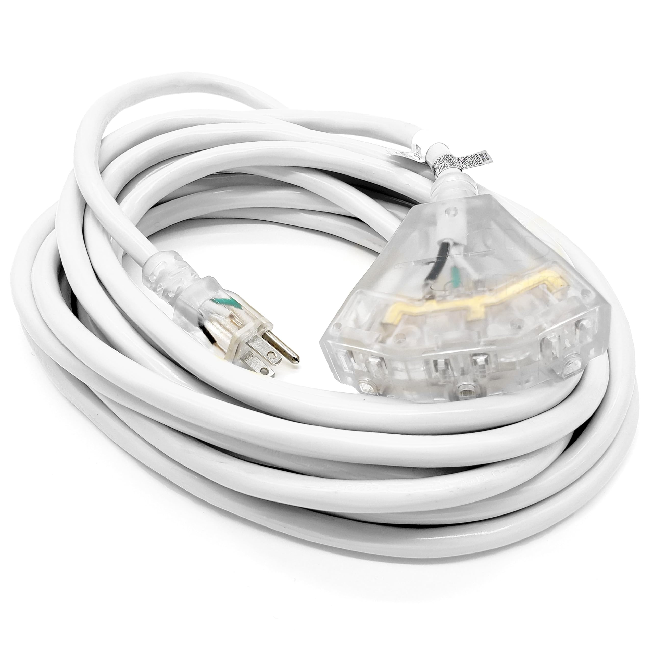 25-ft 12/3 Heavy Duty 3-Outlet Lighted SJTW Indoor/Outdoor White Extension Cord by Watt's Wire - 25' 12-Gauge Grounded 15-Amp Power-Cord (25 Foot 12-Awg White)