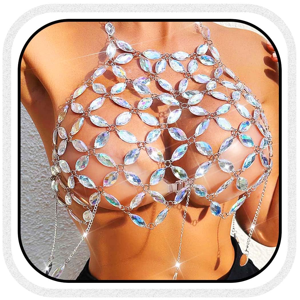 BODIY Crystal Body Chain Tops Silver Rhinestone Halter Crop Tops Bikini Chain Bra Iridescent Body Jewelry for Women
