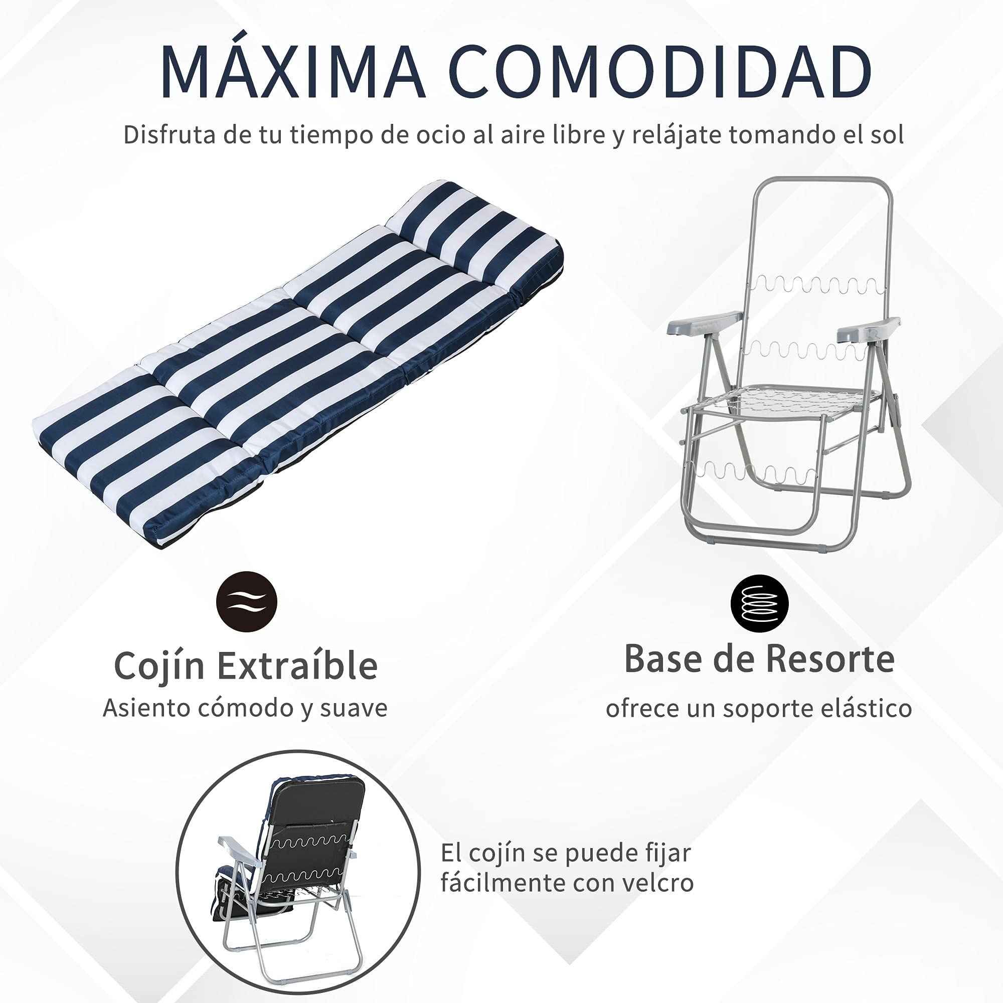 Outsunny Pack de 2 Tumbonas Plegables Tumbonas de Jardín Exterior con Cojín Acolchado, Respaldo Ajustable en 5 Posiciones, Reposapiés y Marco de Acero, 60x75x65-102 cm, Azul y Blanco