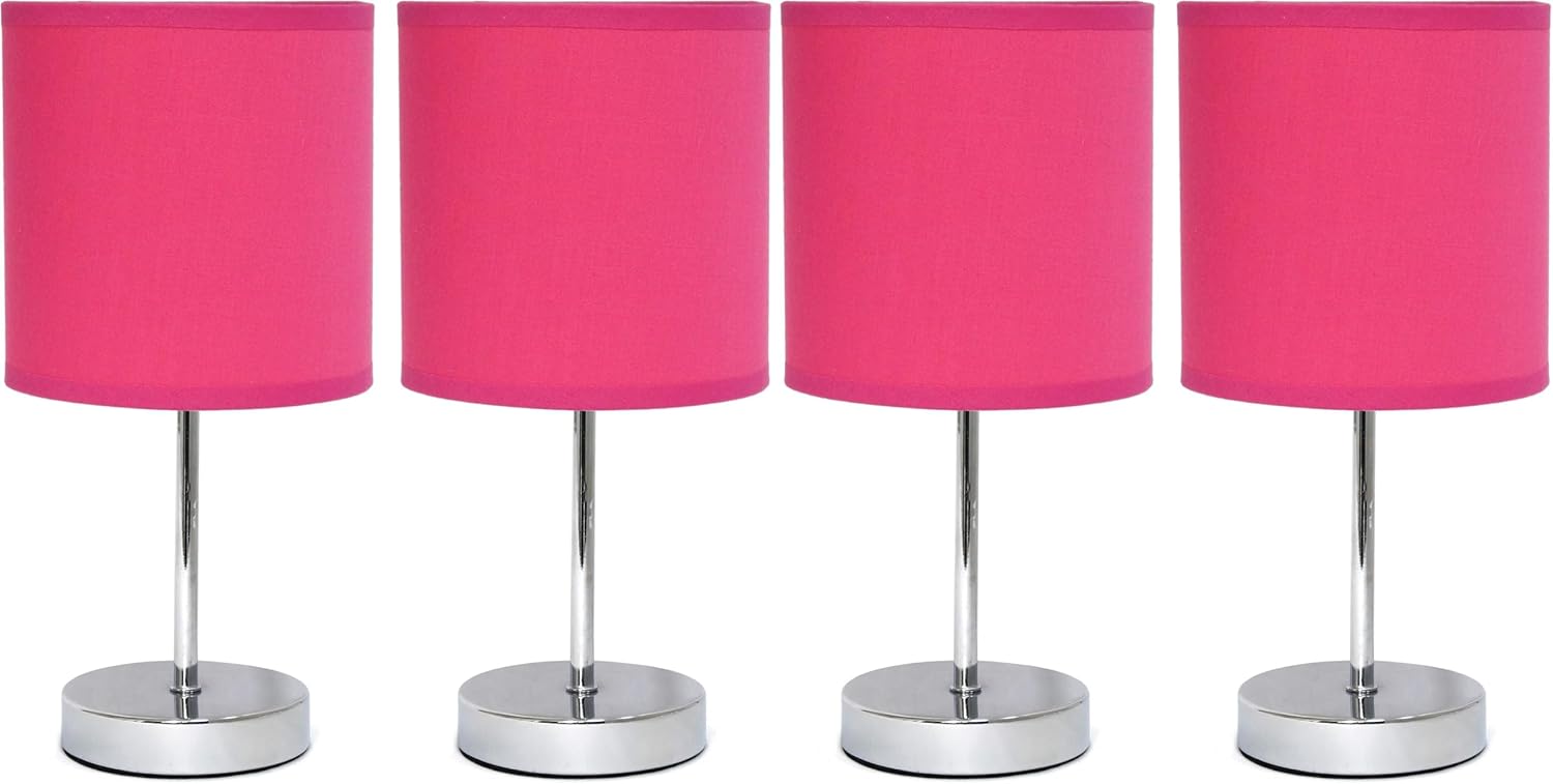 Simple Designs LT2007-HPK-2PK Chrome Mini Basic Table Lamp with Fabric Shade 4 Pack Set, Hot Pink