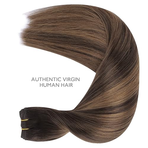 Miniatura 6 de WENNALIFE Extensiones de cabello humano real para coser, 18 pulgadas, 3.16 onzas, balayage, color marrón oscuro a castaño atado a mano, extensiones