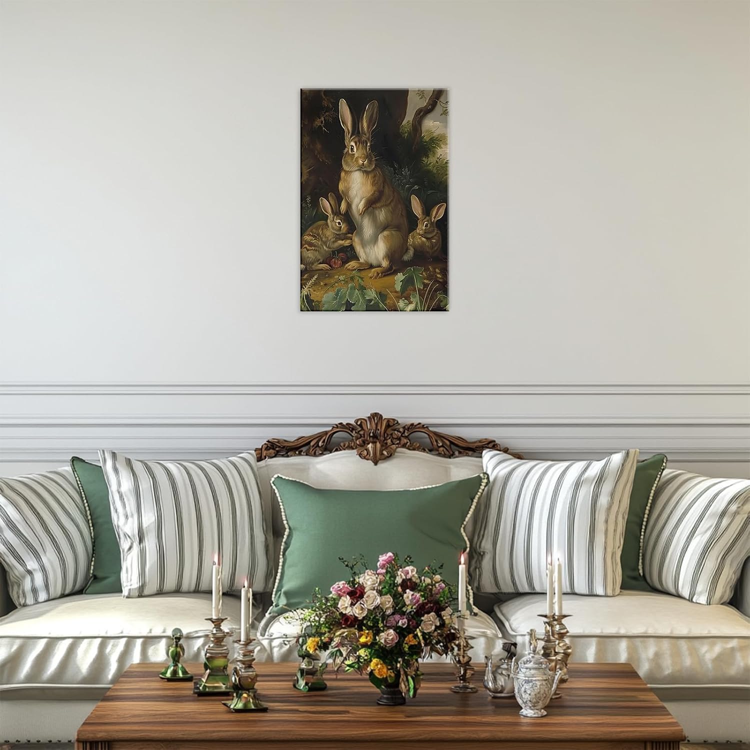 GLOKAKA Rabbit Canvas Wall Art Rabbits Easter Wall Decor Bunny Family Pictures Retro Animal In The Forest Landscape Painting for Bedroom Office Bathroom Decor(Artwork-1,12"x18")