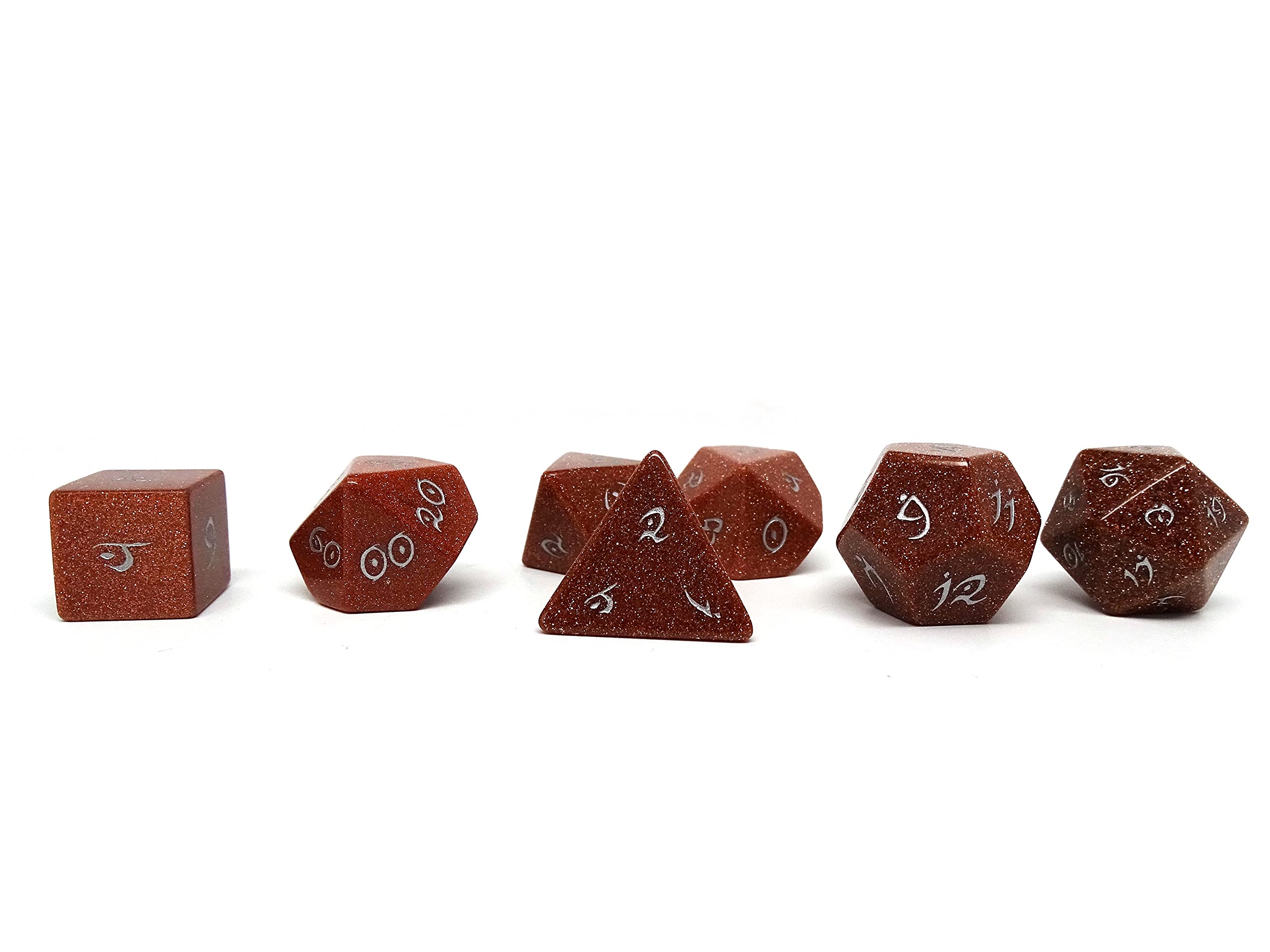 Stone Dice Collection - 7 Piece Set Of Semi-Precious Stone Dice With Elvenkind Font (Rose Quartz Example)