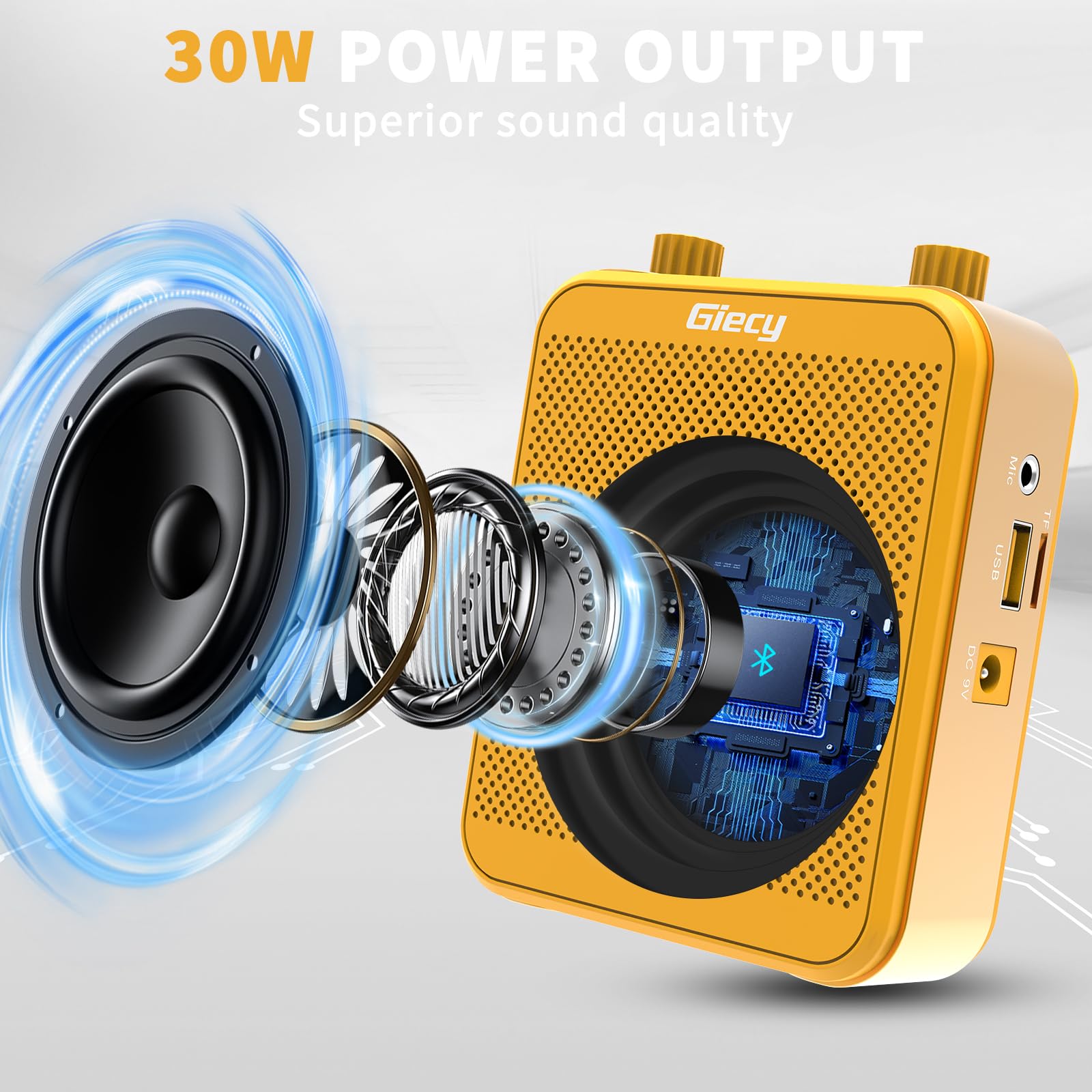 Giecy Amplificateur Vocal Avec Microphone - Système PA Portable - 30 W - Batterie Rechargeable De 2200 MAh - Pour Enseignants, Formations, Réunions, Guides Touristiques (jaune