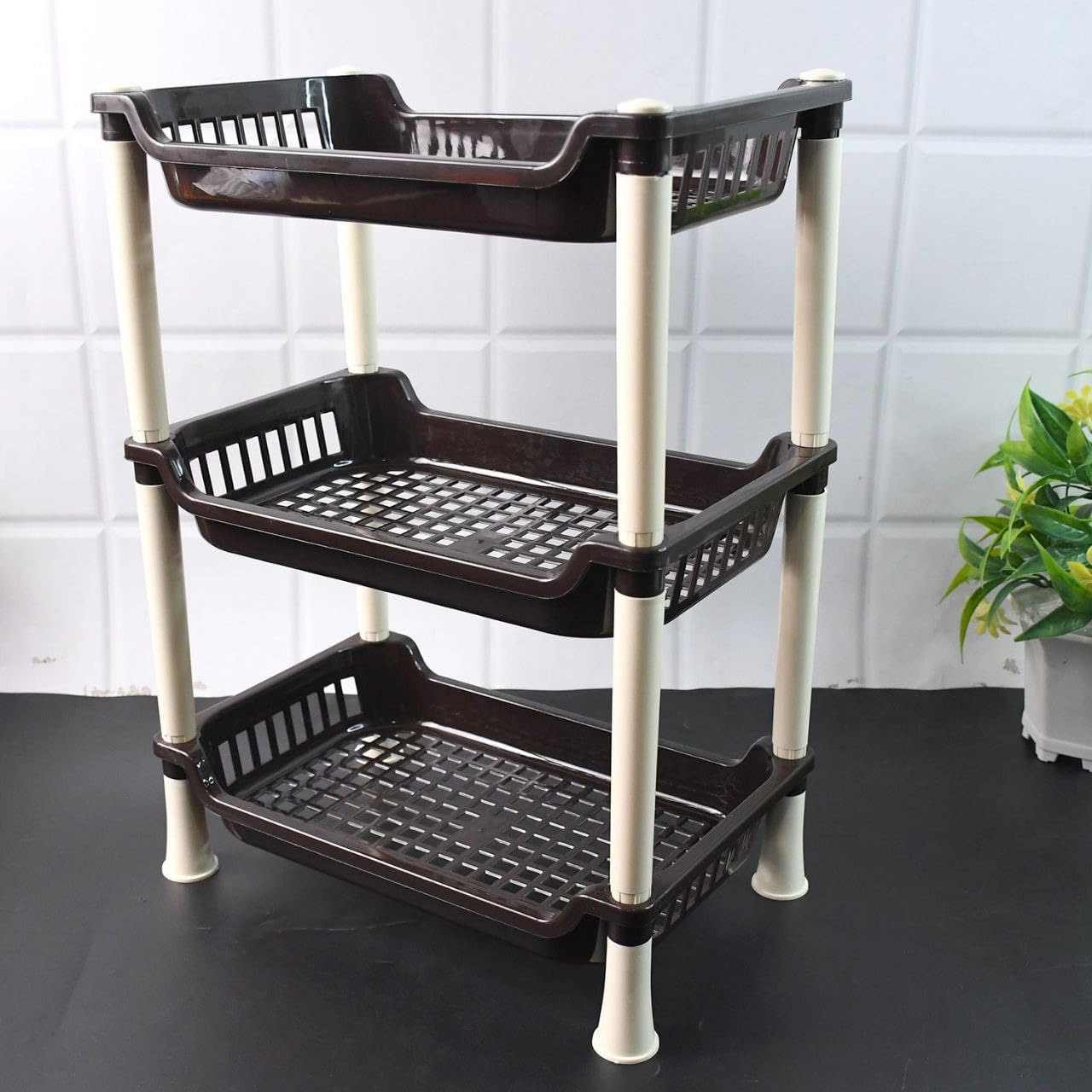 3-Tier Plastic Storage Rack with Baskets – Multipurpose Organizer Shelf for Kitchen, Bathroom, Office (Multicolor)