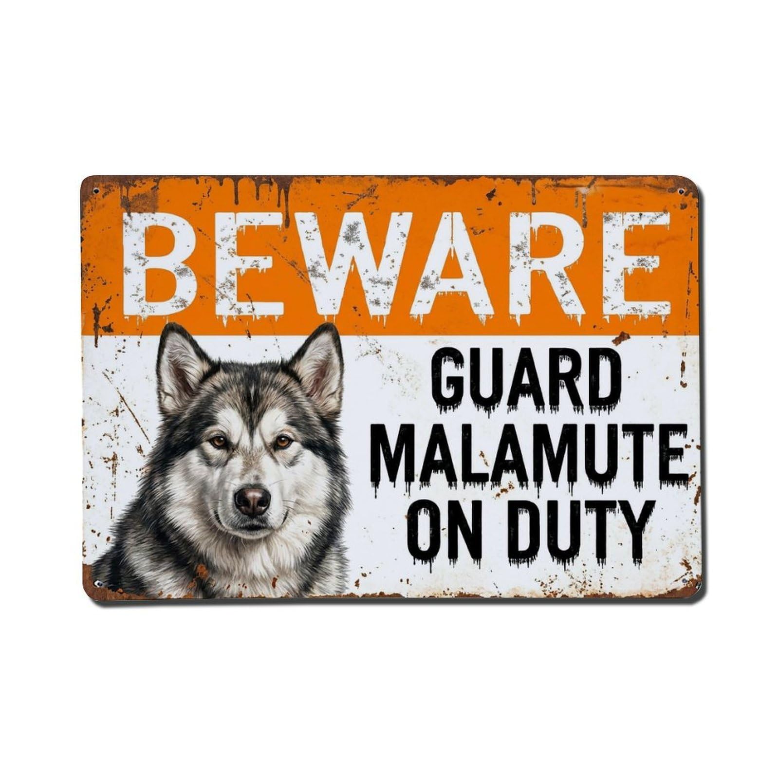Vintage Funny Malamute Guard Beware of Dog Fence Metal Tin Sign